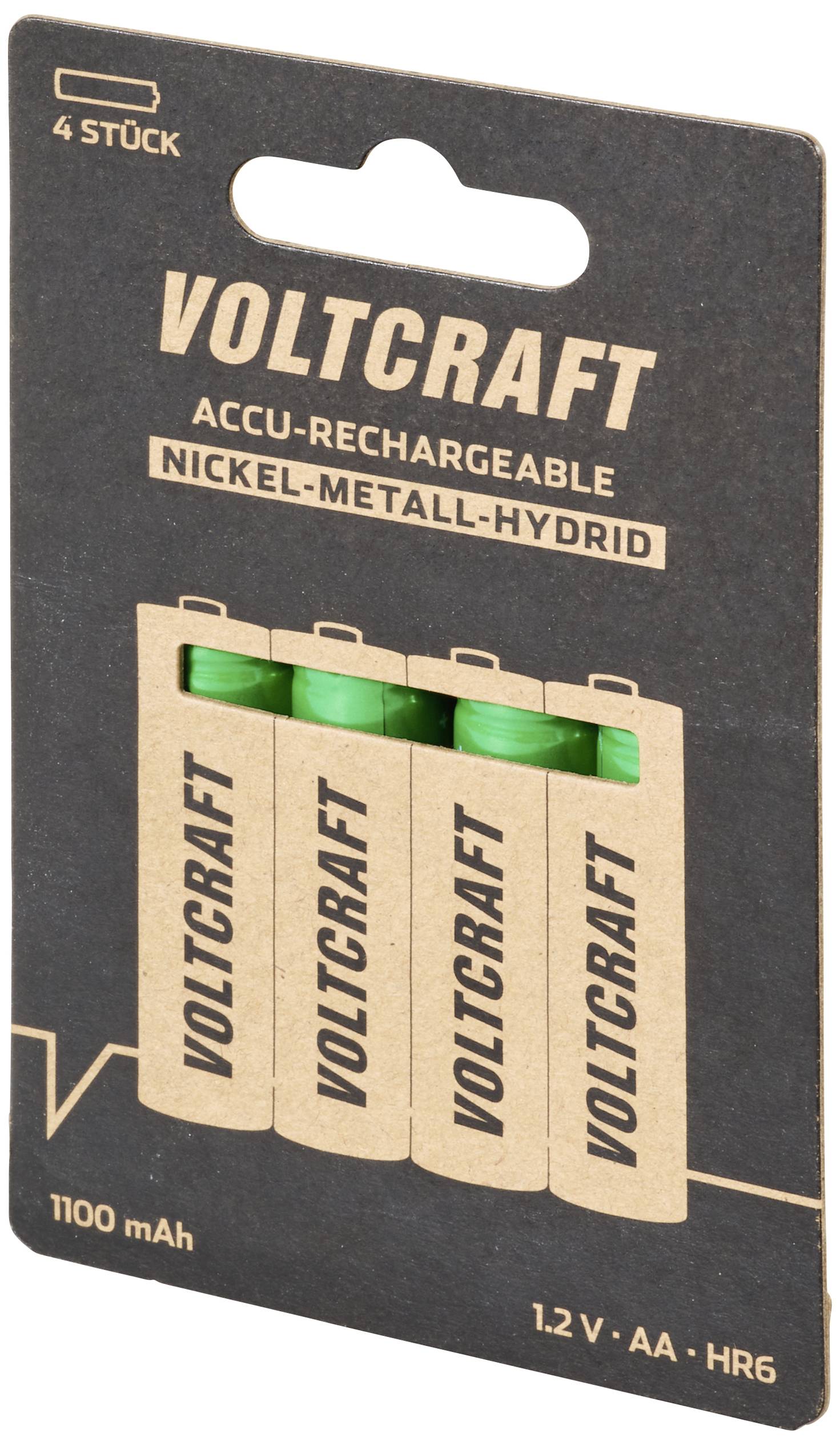 Štyri nabíjateľné AA batérie značky Voltcraft, Nikel-Metal Hydridové (NiMH), s kapacitou 1100 mAh, v jednoduchom obale.