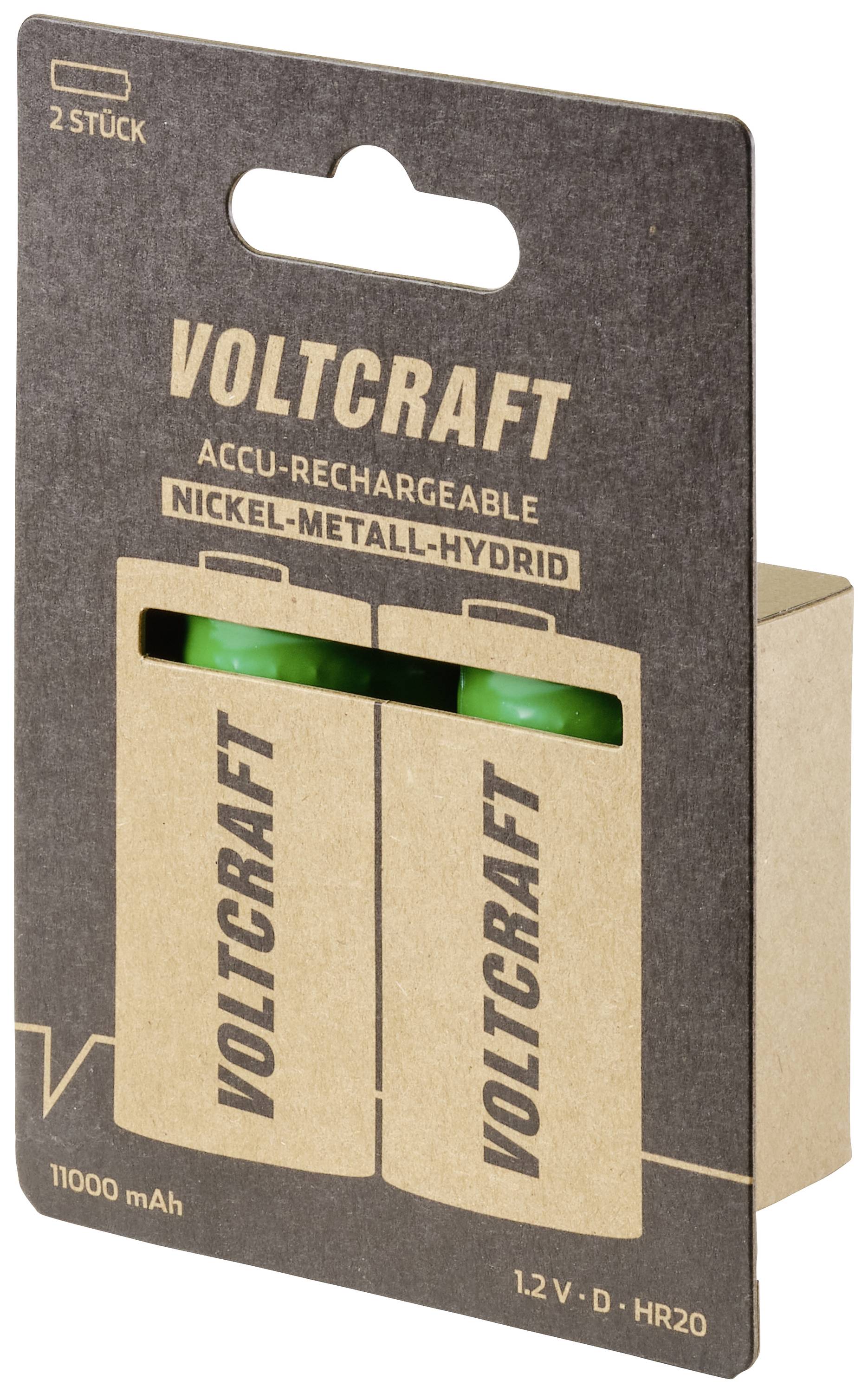 Dva nabíjateľné batériové články Nickel-Metallhydrid značky Voltcraft, zabalené v udržateľnom kartónovom obale.