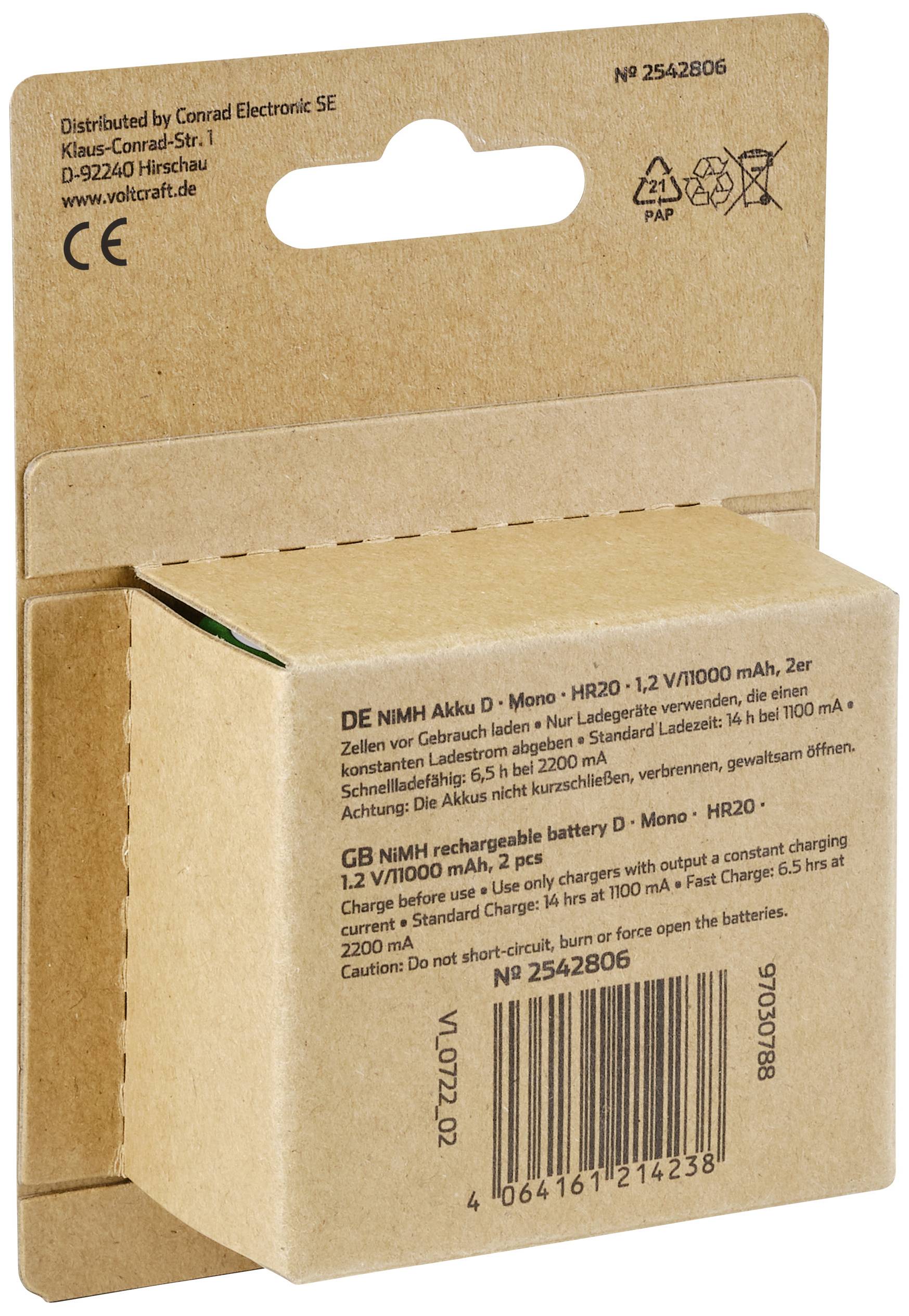 Obal dobíjateľnej NiMH batérie, veľkosť D, 1,2 V, 10000 mAh. Vyrobené v Nemecku spoločnosťou Conrad Electronic.