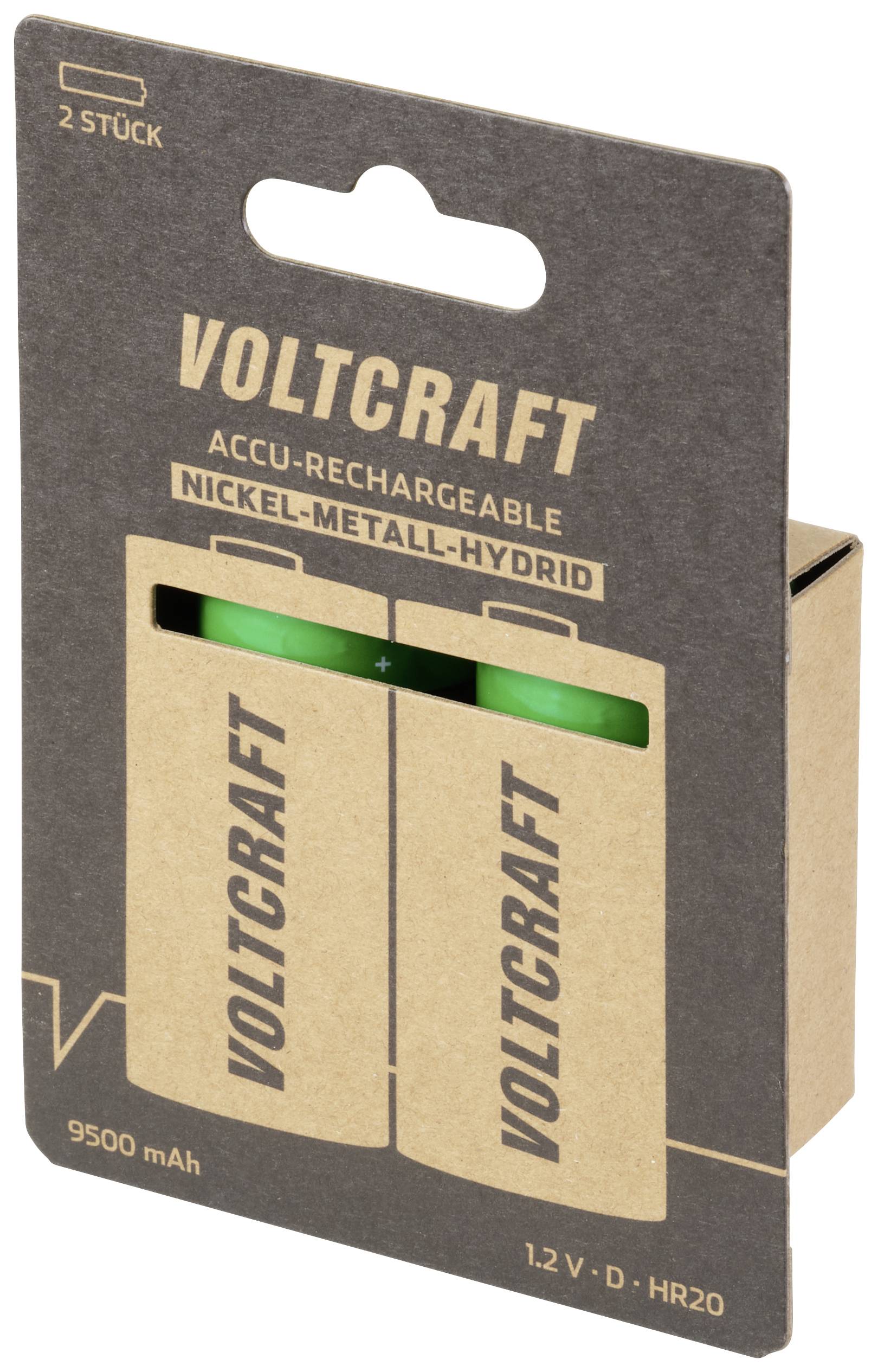 Balenie obsahuje dve nabíjateľné niklo-metalhydridové batérie značky Voltcraft. Kapacita: 9500 mAh, veľkosť: D, napätie: 1,2 V.