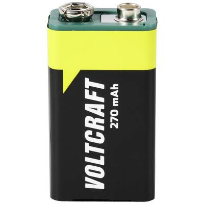Batéria Voltcraft 270 mAh, obdĺžnikového tvaru, čierno-žltej farby, s dvoma konektormi na vrchu. Používaná prevažne pre elektronické zariadenia.