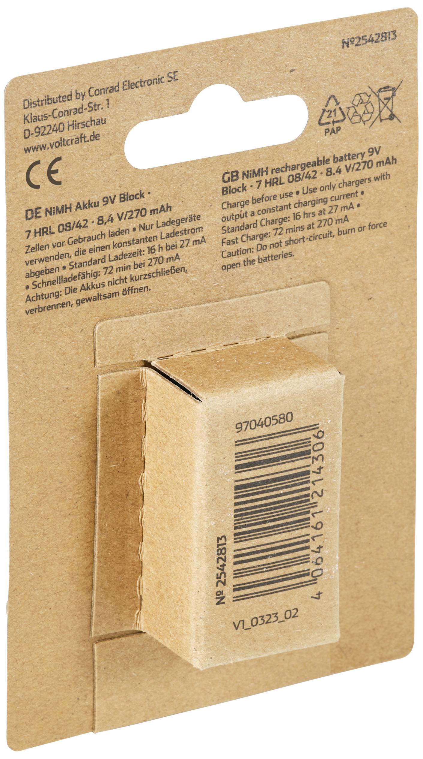Obal z kartónu na NiMH akumulátor 9V blok. Zobrazuje detaily ako napätie (8,4V) a kapacitu (270 mAh). Distribuovaný spoločnosťou Conrad Electronic.