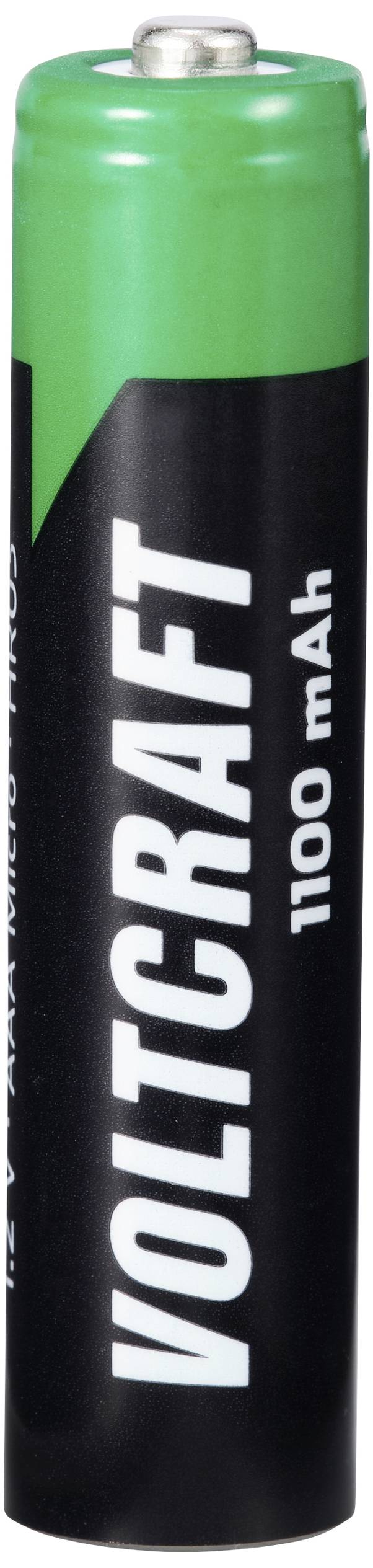 Vzpriamene stojaca zeleno-čierna batéria značky Voltcraft s kapacitou 1100 mAh.