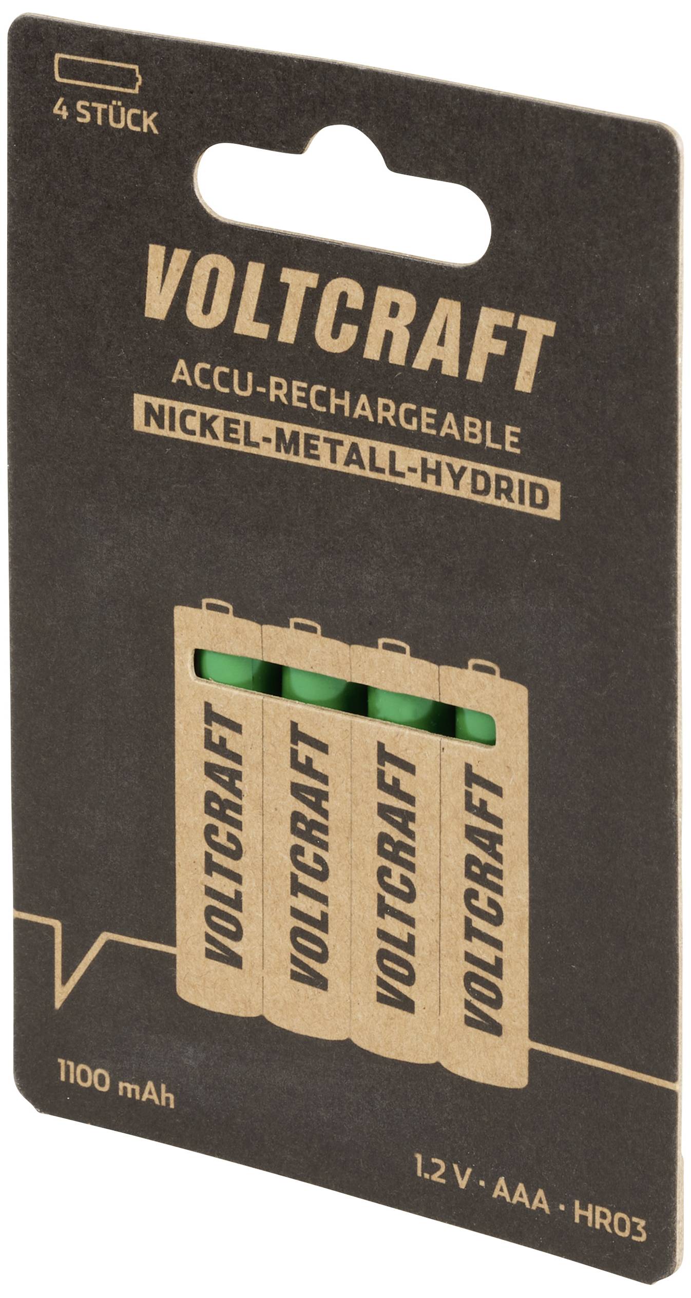 Balenie štyroch nabíjateľných niklo-metalhydridových batérií značky Voltcraft, 1100 mAh, 1,2 V, veľkosť AAA.