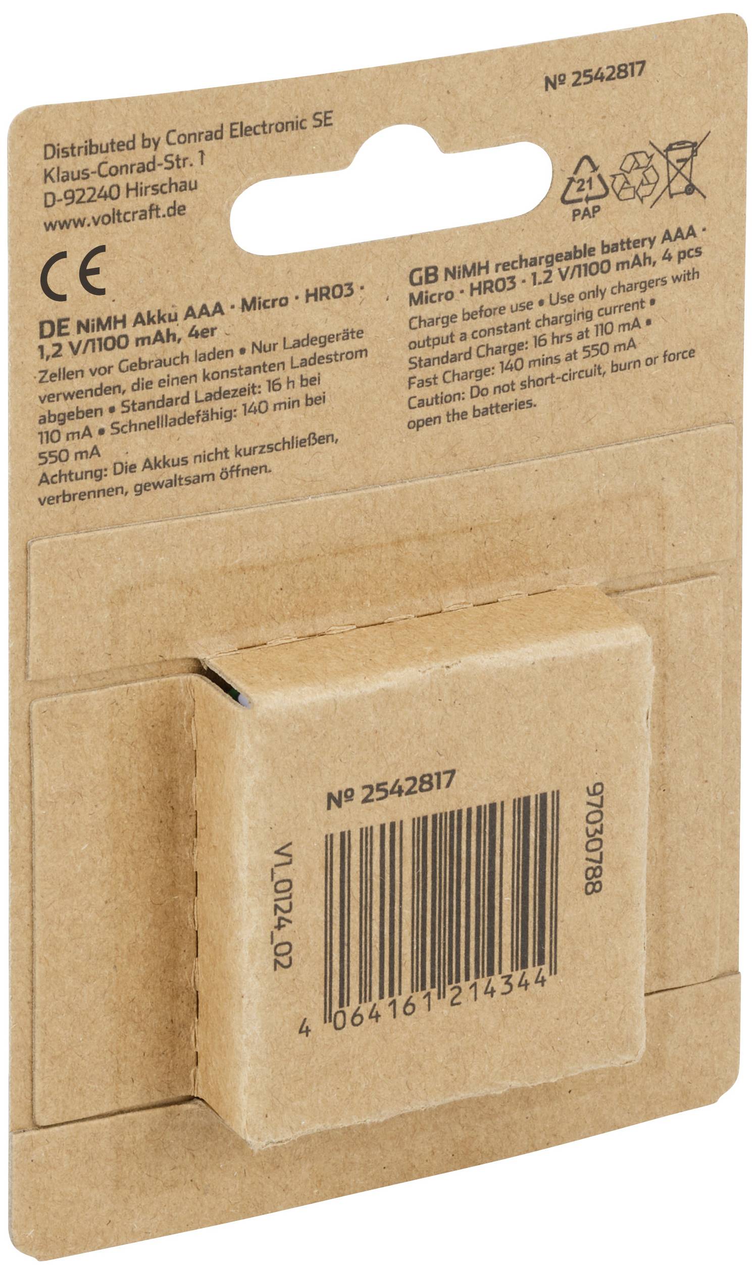 Obal nabíjateľnej batérie AAA Micro, 1,2 V/1100 mAh, HR03. Detaily o likvidácii a použití v nemčine a angličtine. Čiarový kód viditeľný.