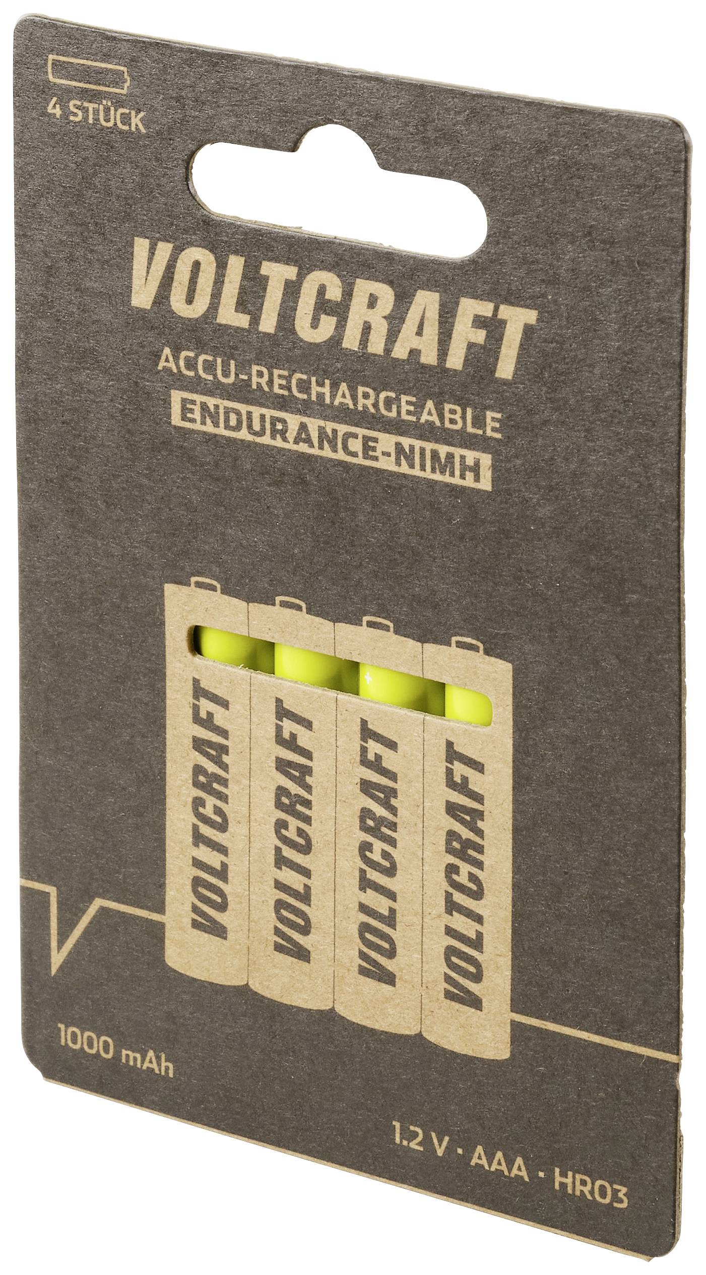 Balenie nabíjateľných Ni-MH AAA akumulátorov Voltcraft, 4 kusy, 1,2 V, 1000 mAh.