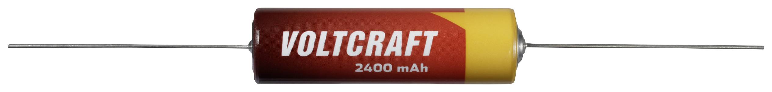 Batéria s nápisom 'VOLTCRAFT 2400 mAh', valcovitého tvaru, červeno-žltej farby, s konektormi na oboch koncoch.
