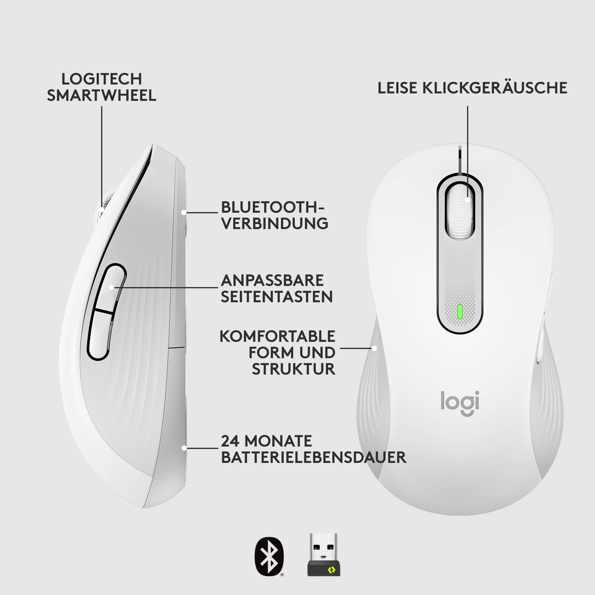Bezdrôtová myš s pripojením Bluetooth, inteligentným kolieskom, tichými kliknutiami, prispôsobiteľnými bočnými tlačidlami, ergonomickým dizajnom, výdržou batérie až 24 mesiacov.