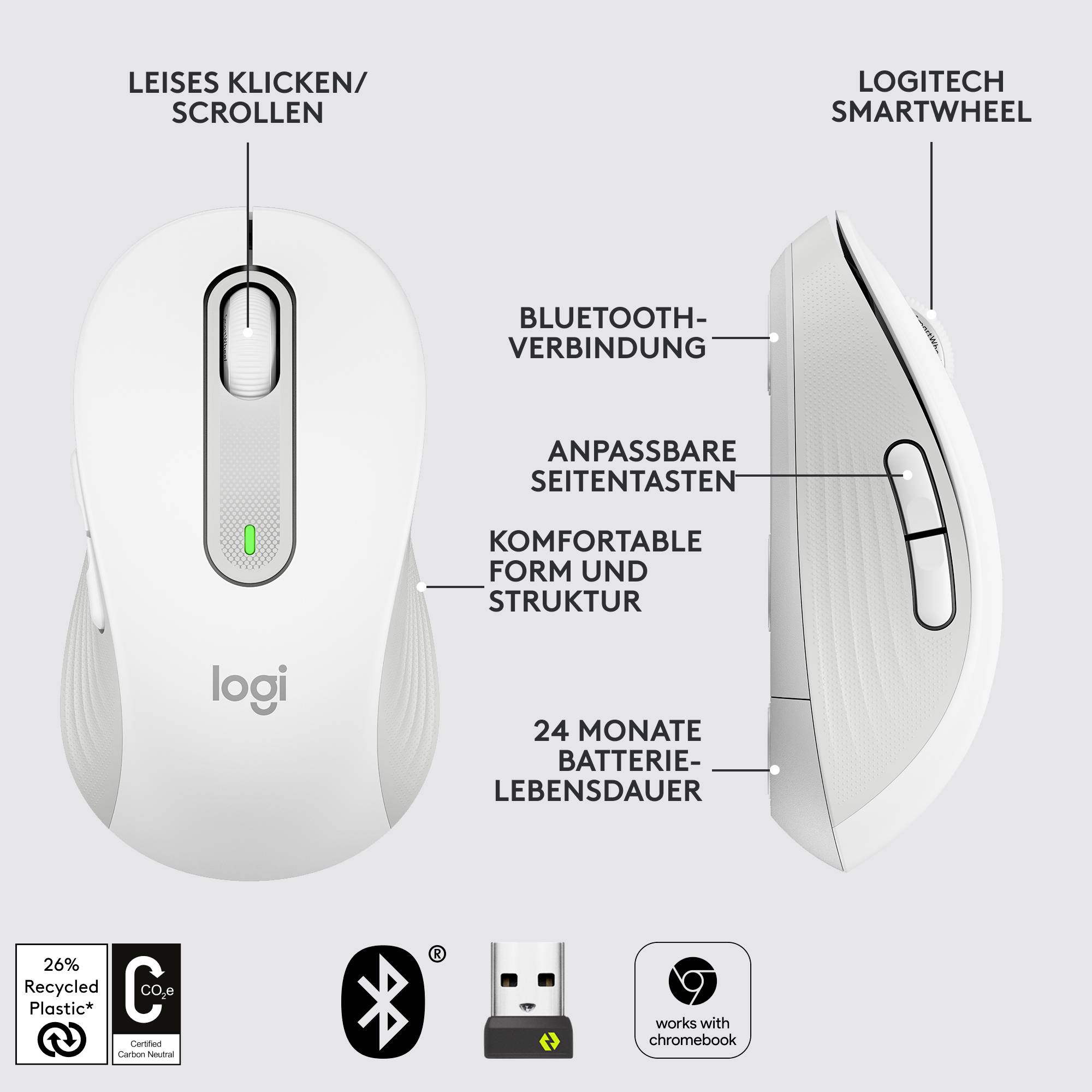 Biela bezdrôtová myš Logitech s Bluetooth, tichým kliknutím, prispôsobiteľnými bočnými tlačidlami, výdržou batérie 24 mesiacov a ergonomickým tvarom.