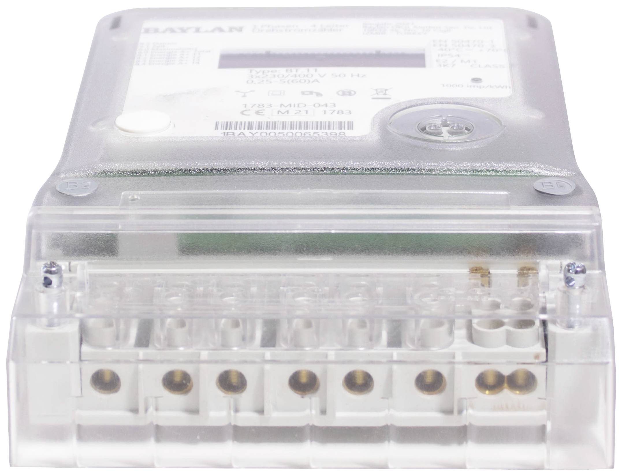 'Digitálny elektromer spredu, zobrazujúci prípojné svorky a displej na indikáciu spotreby elektrickej energie.'