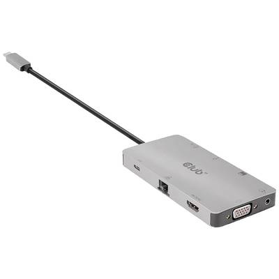 Sivý USB-C hub s viacerými portami vrátane HDMI, VGA, Ethernet a USB-A, prepojený krátkym káblom.