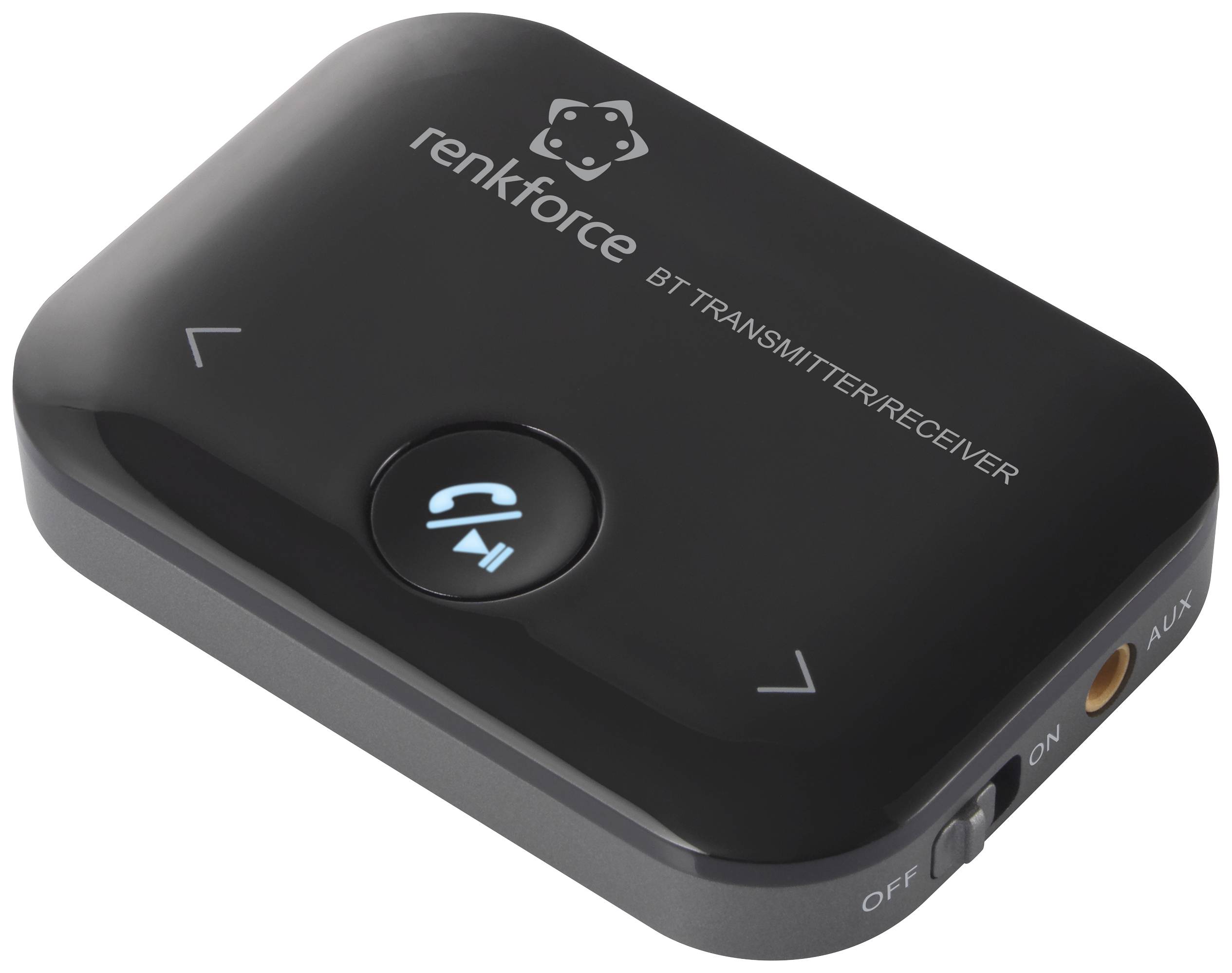 Bluetooth vysielač/prijímač Renkforce v čiernej farbe s vypínačom, AUX vstupom a bluetooth symbolom na hornej strane.