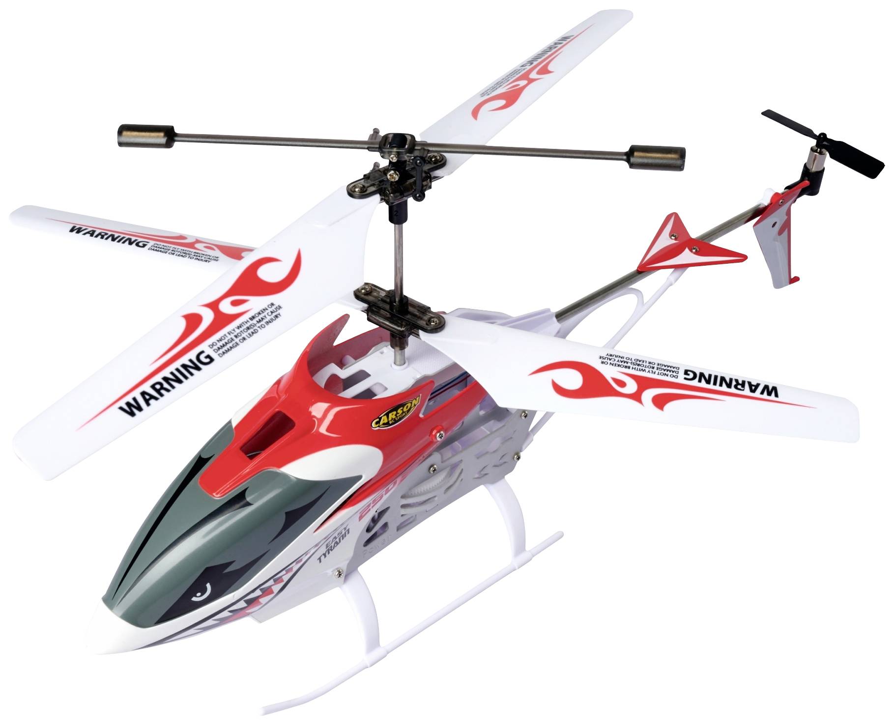Diaľkovo ovládaná helikoptéra s červeno-bielym dizajnom, dekoratívnymi plameňovitými vzormi a výstražnými nápismi 'WARNING'.