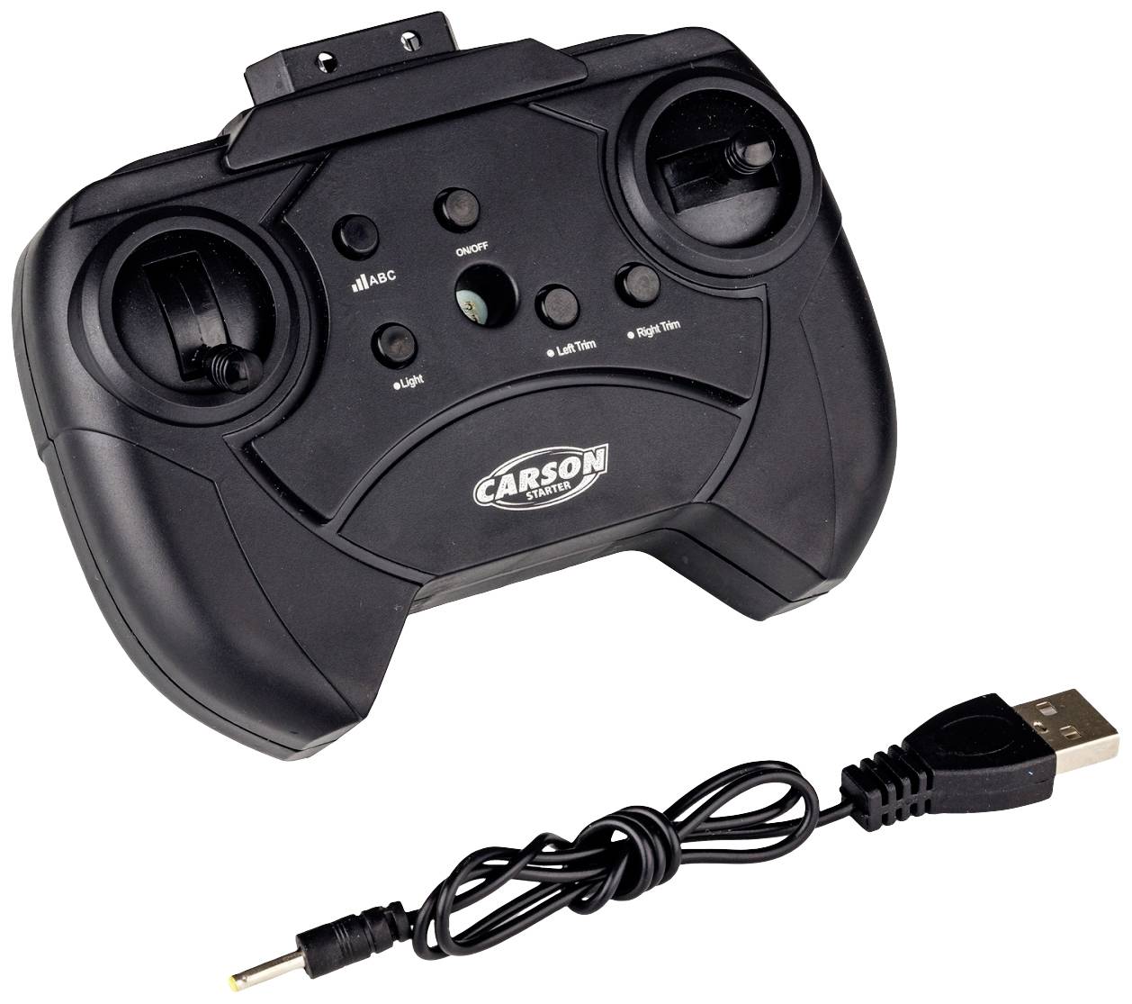 Diaľkové ovládanie z čierneho plastu s dvoma joystickmi a viacerými tlačidlami. USB kábel je zobrazený samostatne.