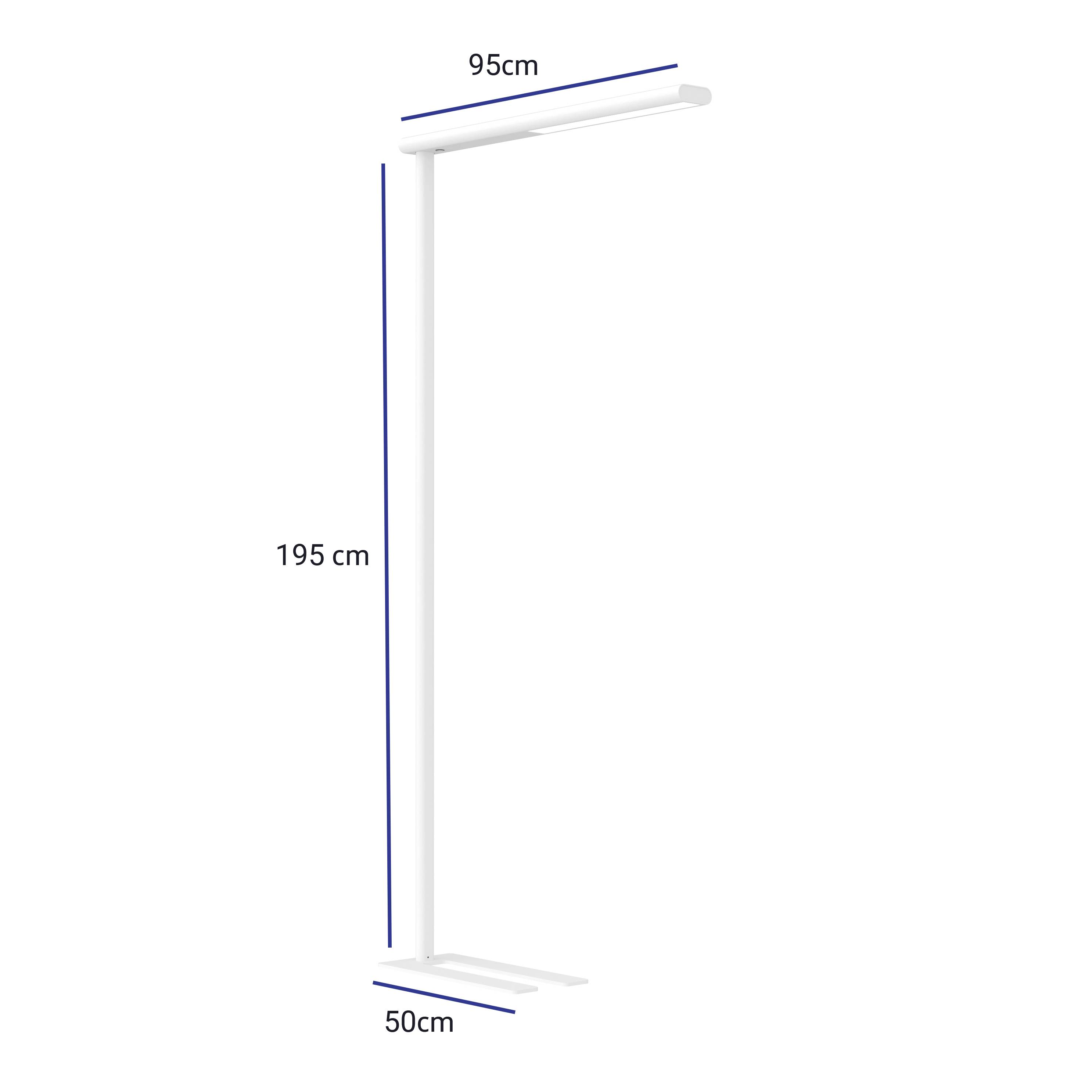 Stojacia lampa v tvare L, biela, s výškou 195 cm, šírkou 95 cm a podstavcom 50 cm.