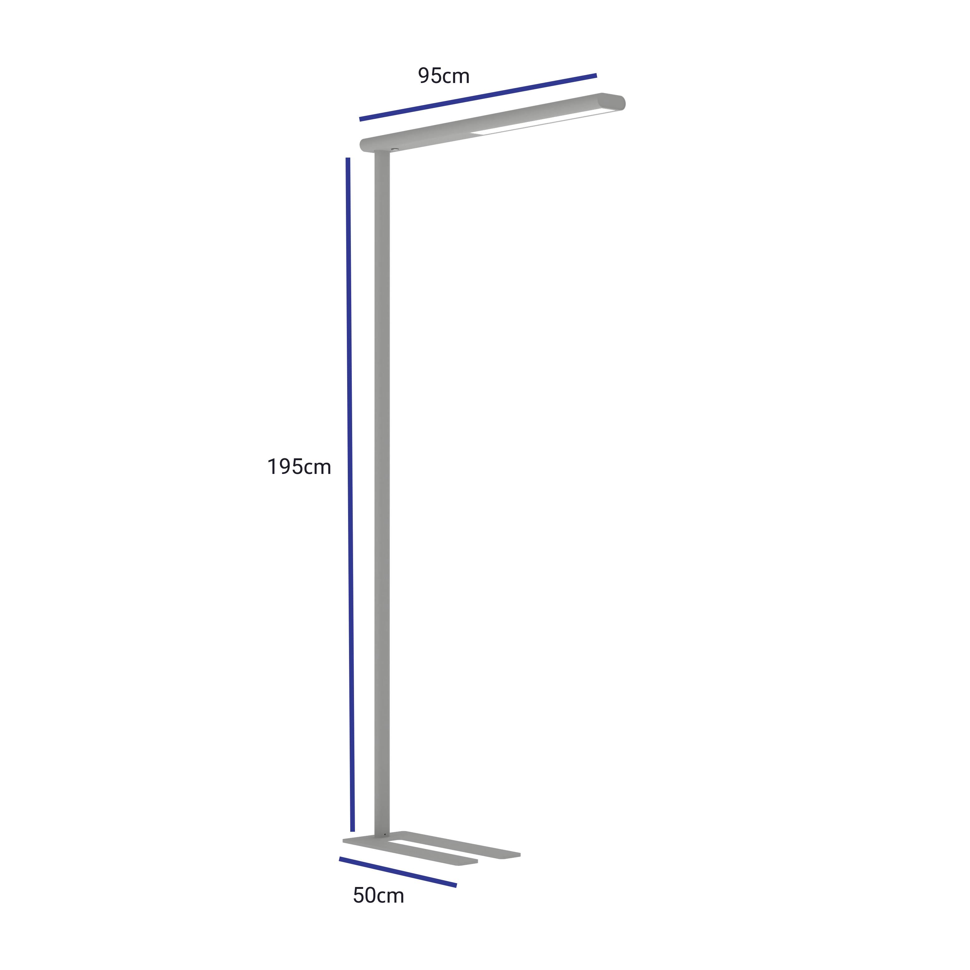 Stojacia lampa s elegantným, moderným dizajnom, výška 195 cm, šírka 95 cm, hĺbka 50 cm.