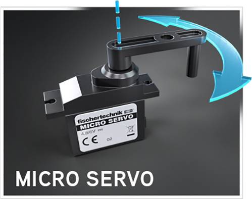 Obrázok zobrazuje 'fischertechnik Micro Servo' s naklápacou pákou. Ilustrácia znázorňuje smer pohybu serva.