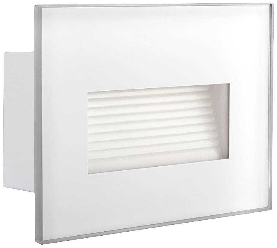 Biela nástenná lampa s obdĺžnikovým otvorom, ktorá zabezpečuje nepriame osvetlenie v moderných priestoroch.