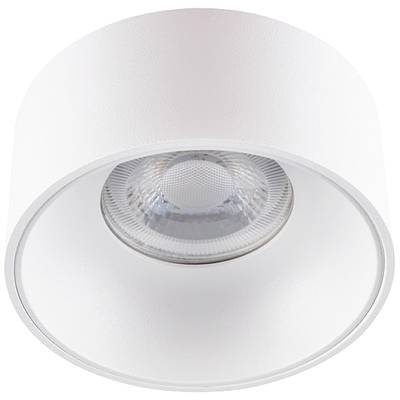 Biela, valcovitá stropná lampa s jednotlivou zapustenou šošovkou; minimalistický dizajn pre moderné interiéry.