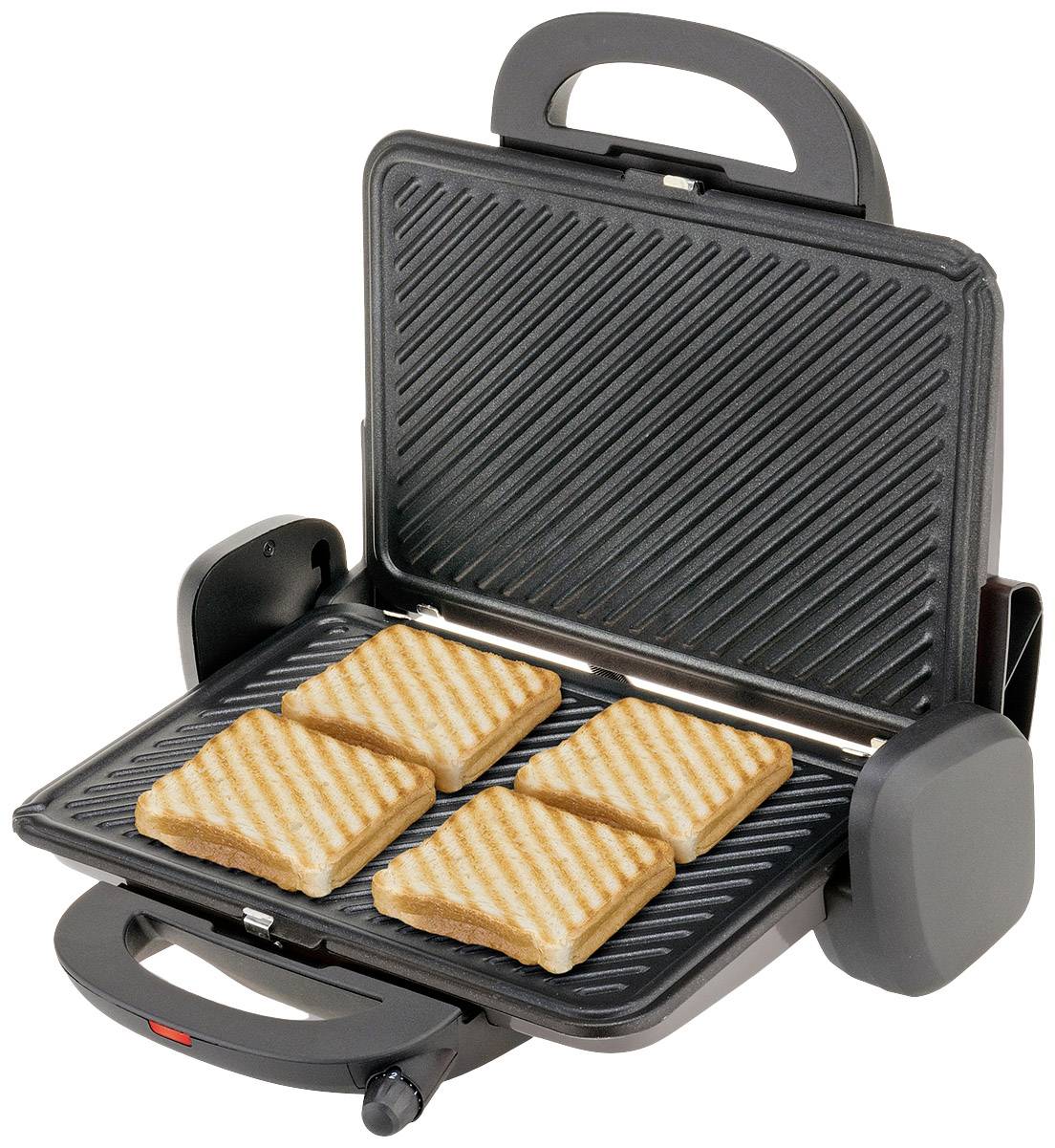Elektrický sendvičový gril so štyrmi zlatohnedými opečenými toastovými plátkami na rebrovanej platni, pripravený na podávanie.