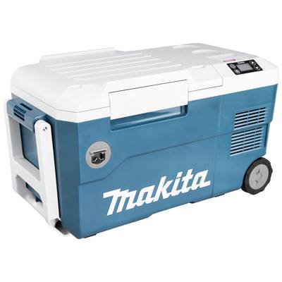 Elektrický chladiaci vozík v modrej farbe s logom 'Makita'. Má kolesá, rukoväť a ovládací panel. Ideálny pre outdoorové aktivity.