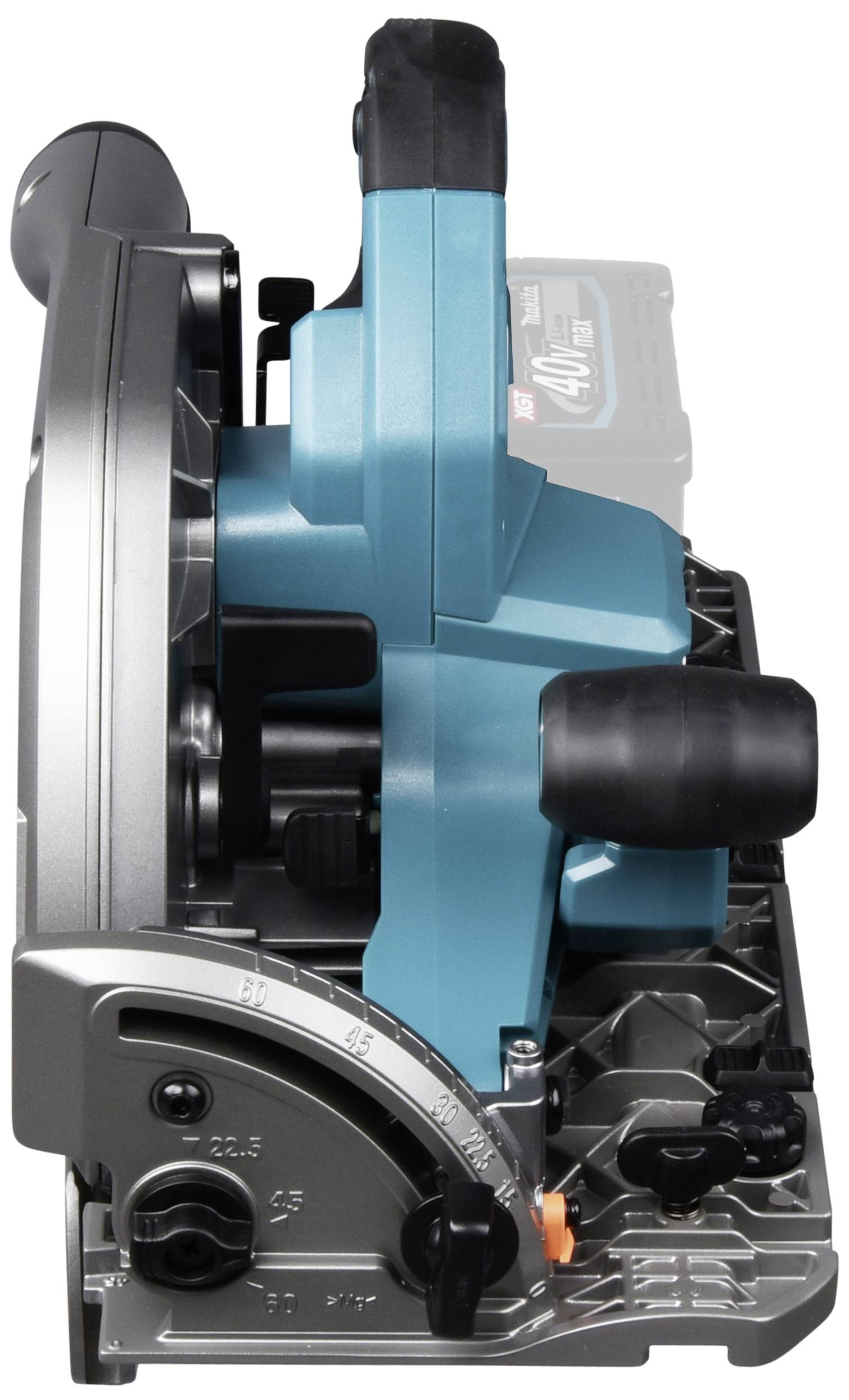 Elektrická ručná okružná píla z bočného pohľadu, modré teleso, strieborný ochranný kryt, používaná na presné rezanie dreva.