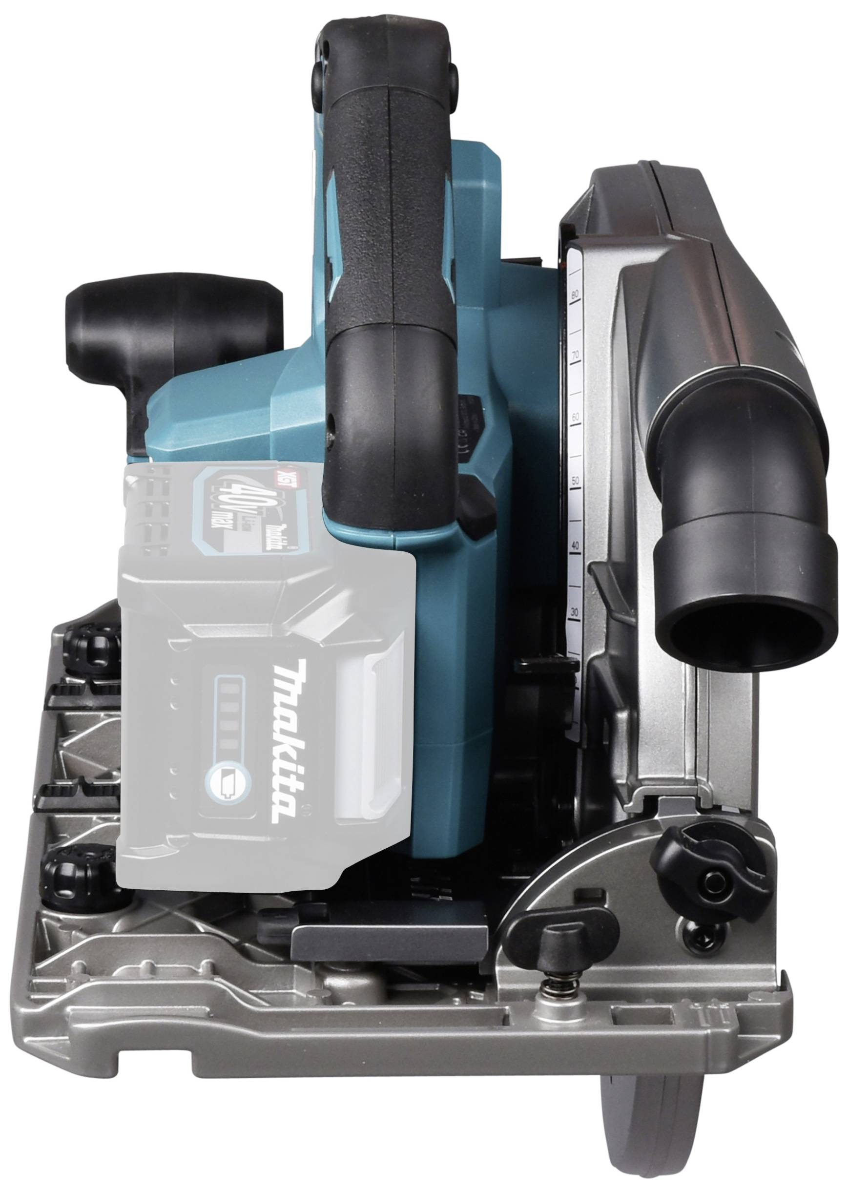 Akumulátorová ručná okružná píla, pohľad z boku. Modro-čierne teleso, strieborná základňa, priehľadný ochranný kryt, prípoj pre vysávač.