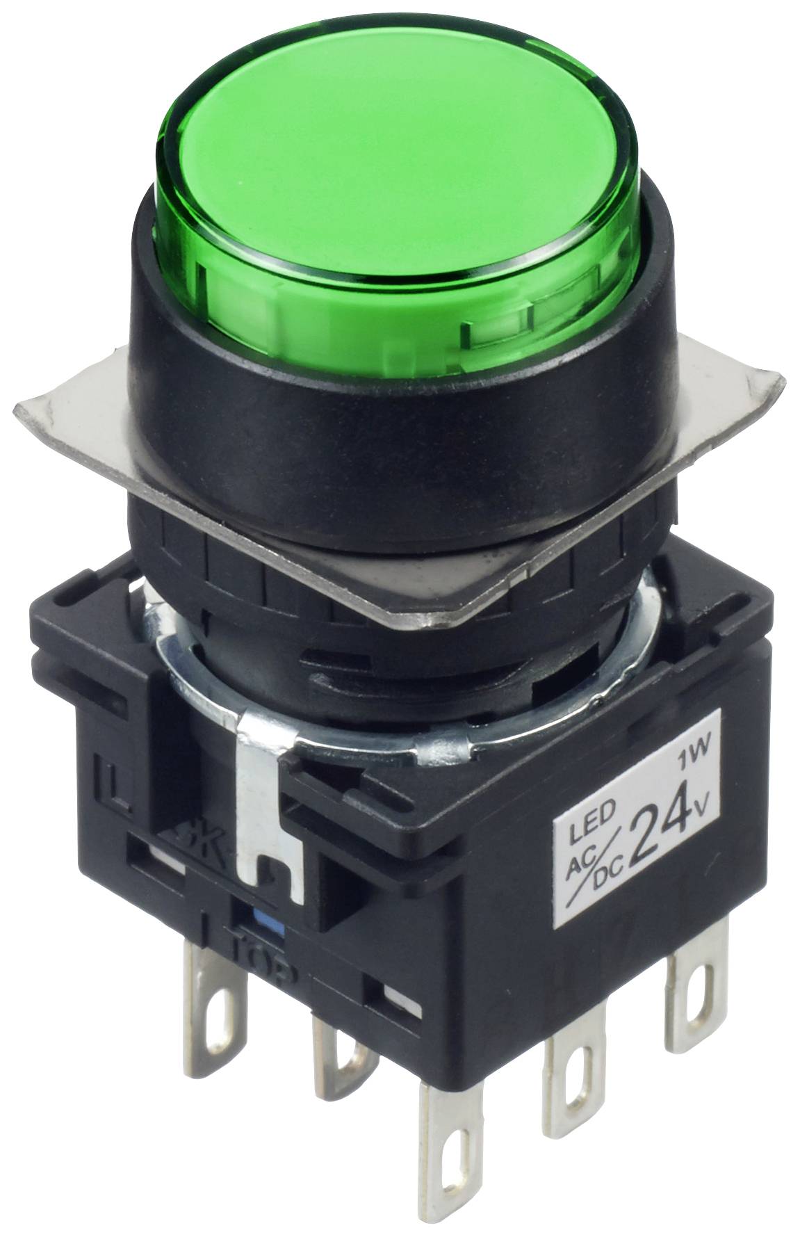 Zelený, okrúhly tlačidlový spínač s upevňovacími svorkami, vhodný pre 24V LED aplikácie.