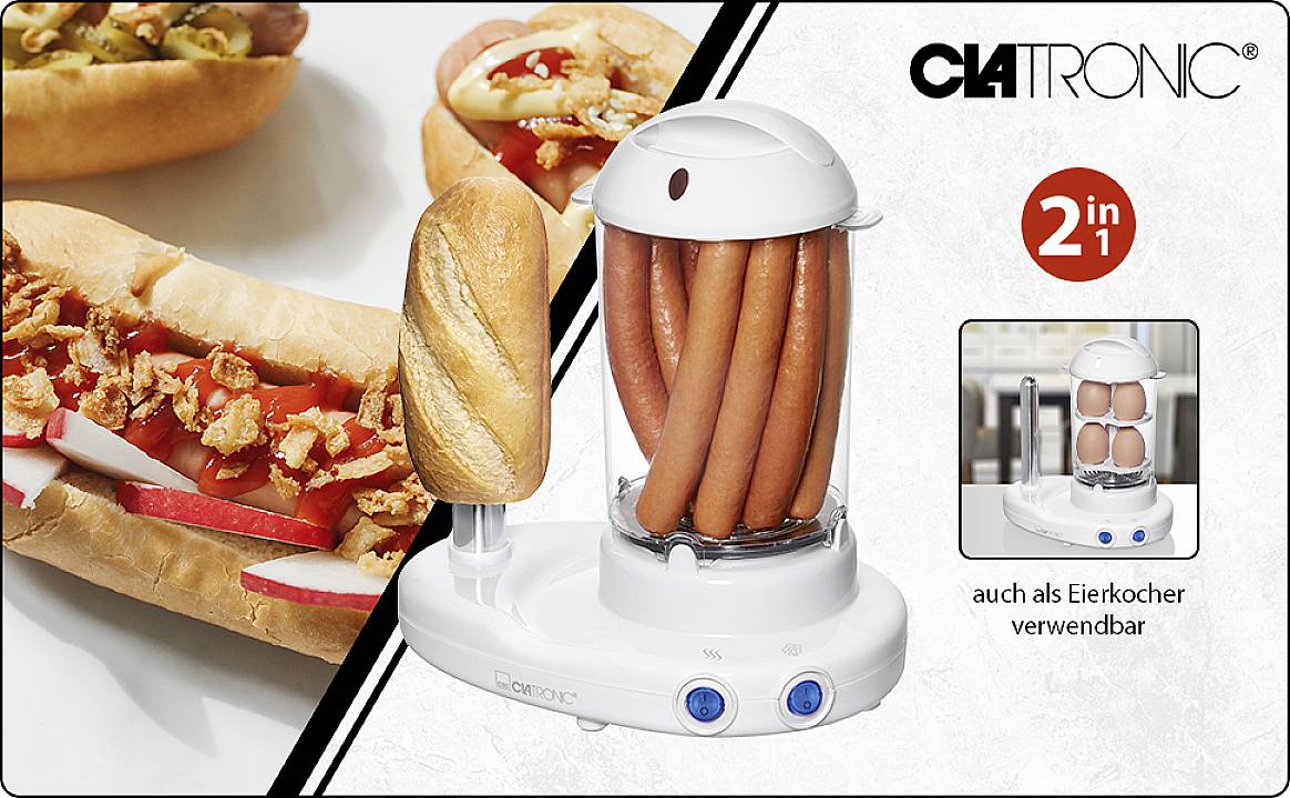 'Clatronic 2-v-1 zariadenie': Kombinácia prístroja na varenie párkov a vajec. Na obrázku sú párky a hot dogy. Vhodné pre všestranné použitie v kuchyni.