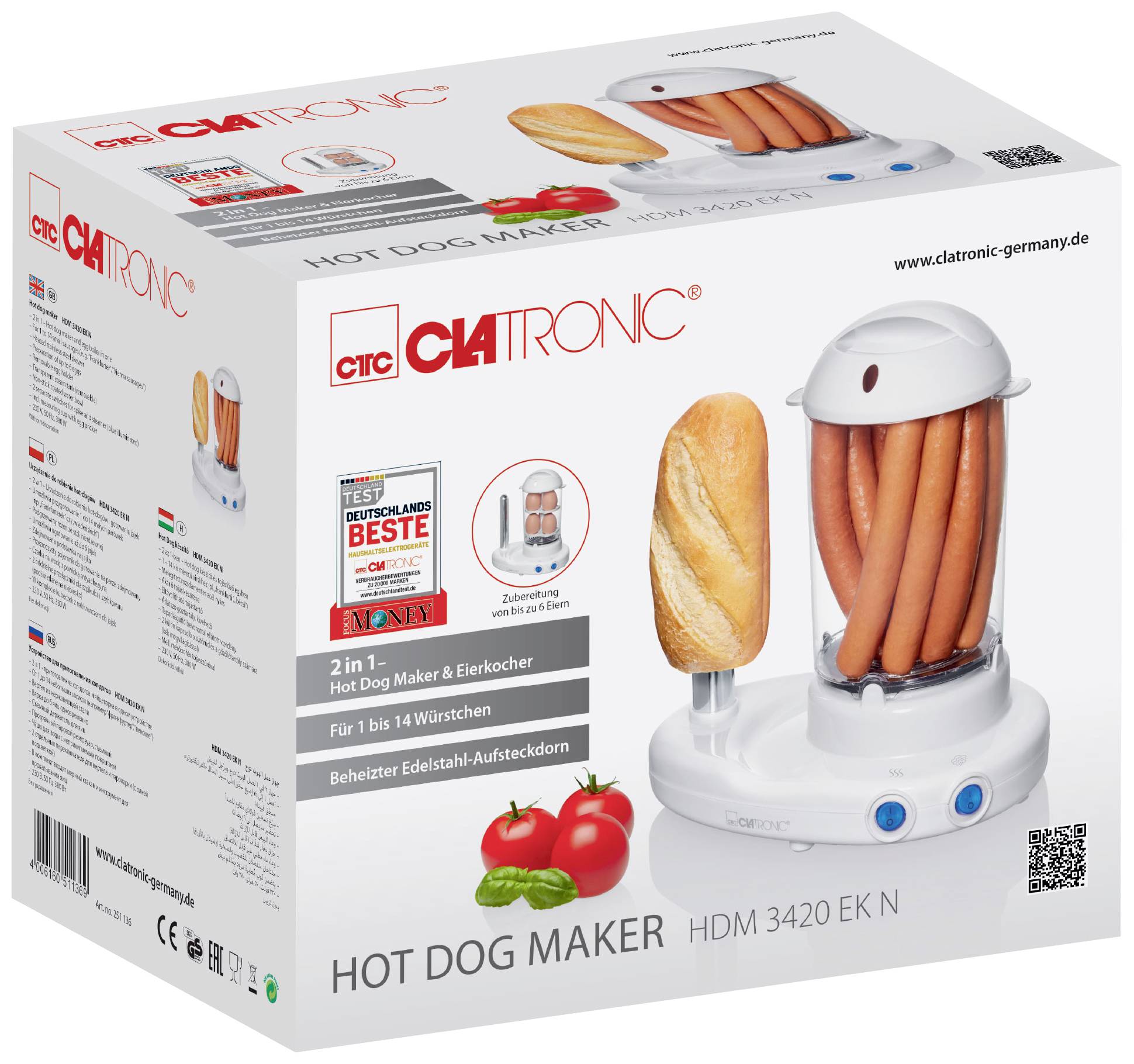Obal na prístroj na prípravu hot dogov 'Clatronic'. Zobrazuje zariadenie s držiakom na párky a tyčkou na chlieb. Ilustruje párky a paradajky ako dekoráciu.