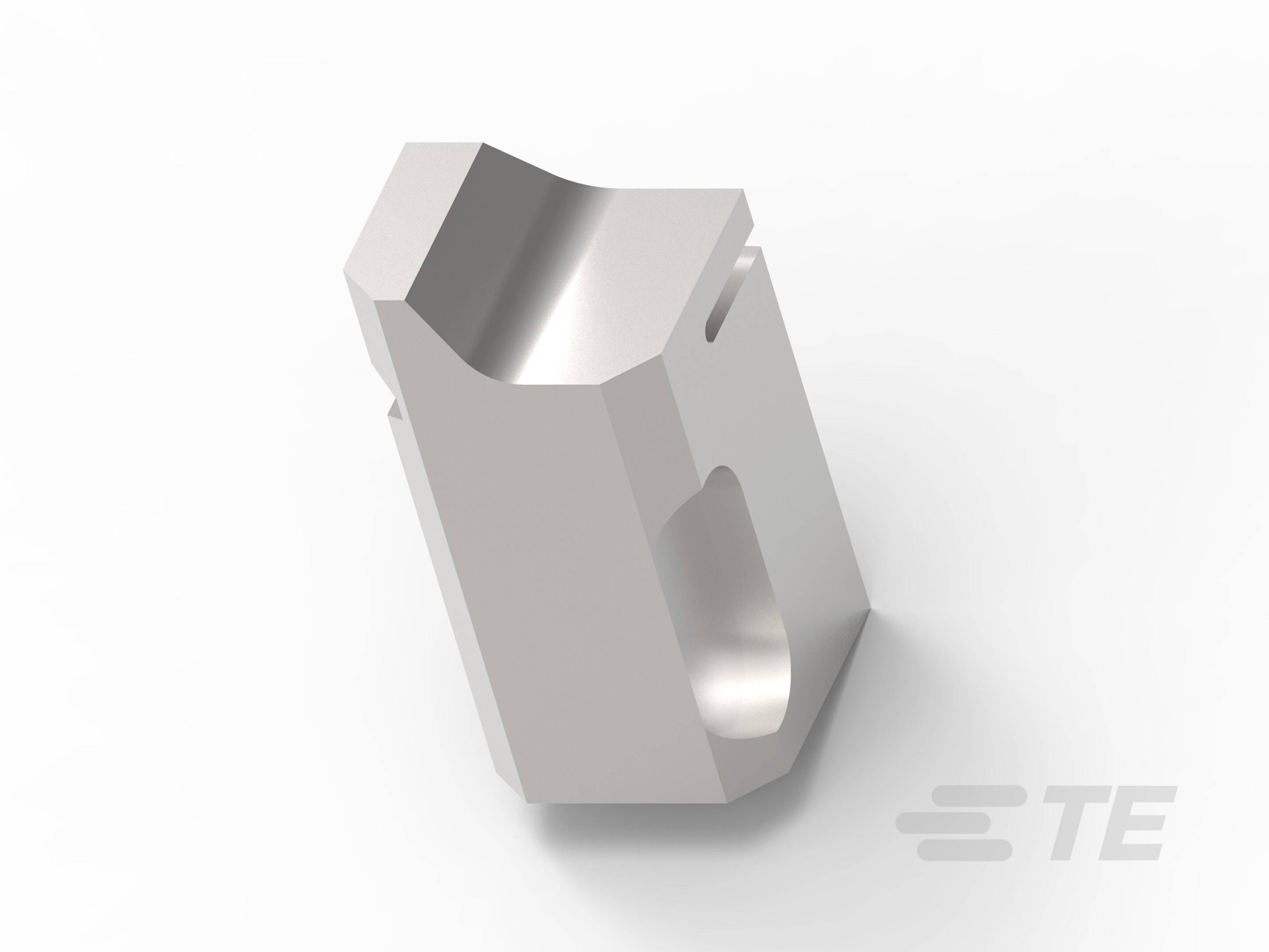 3D model kovového dielu so skoseným hranami na bielom pozadí s logom v rohu.