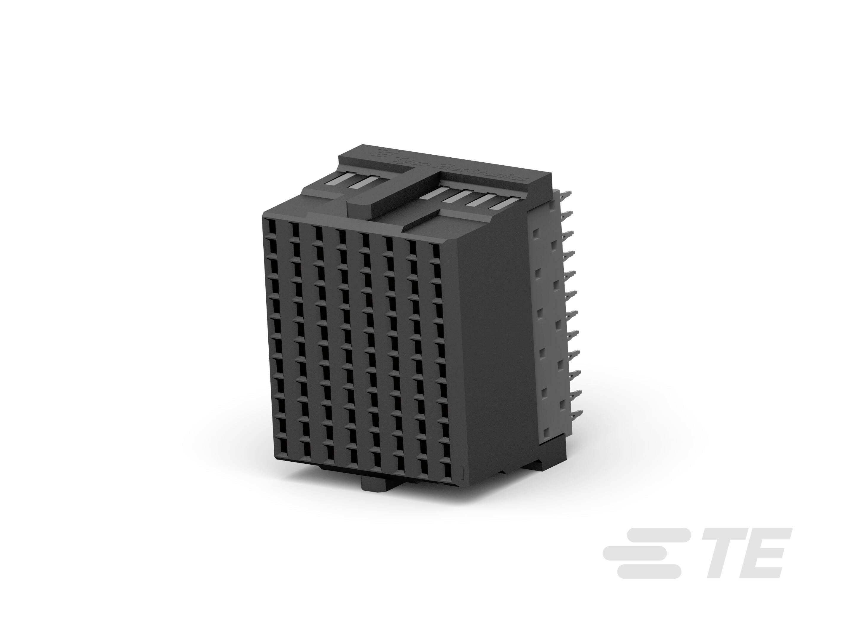 Čierny elektronický konektor s mnohými štvorcovými otvormi a bočnými kovovými prípojkami.