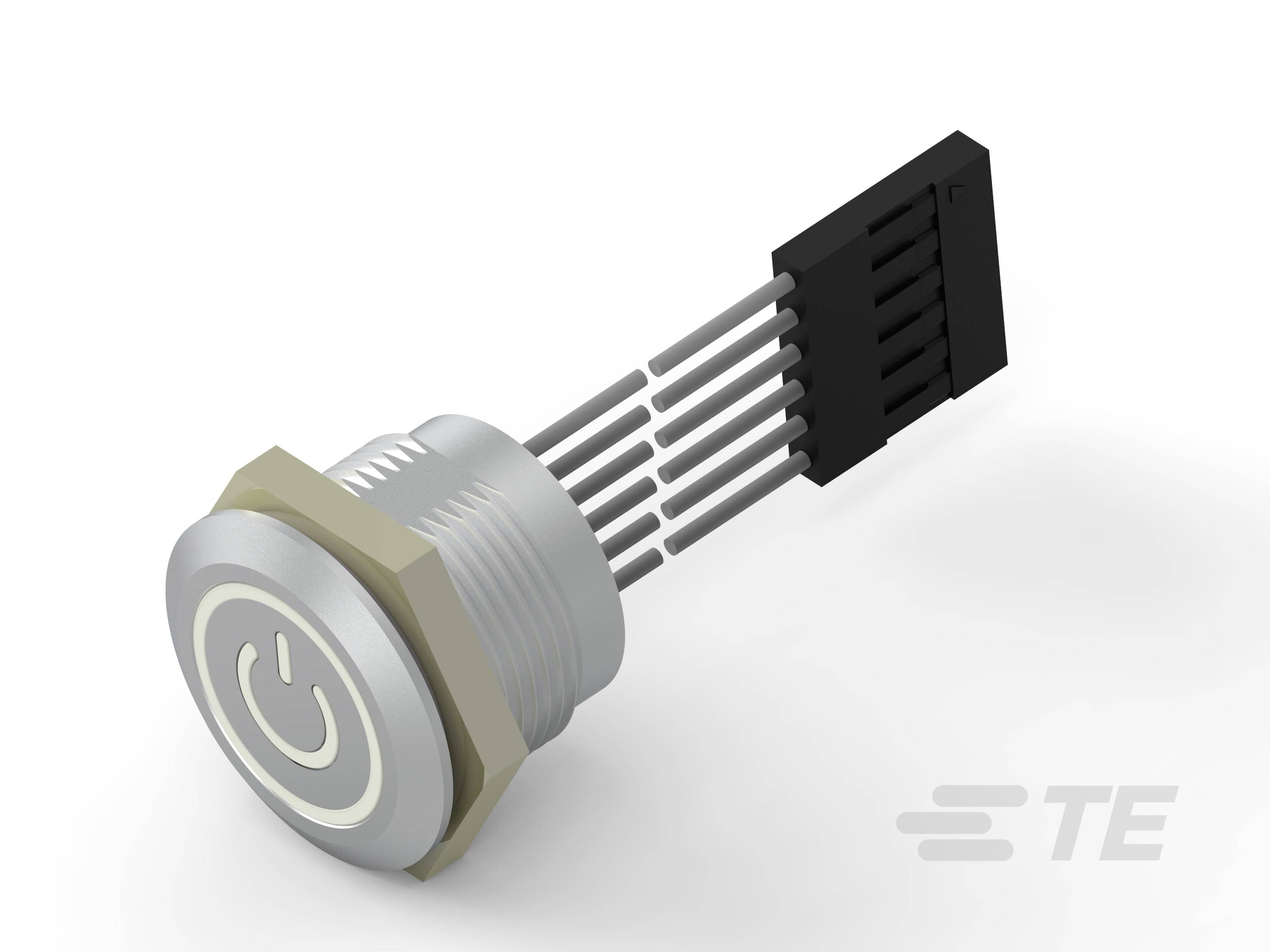 Strieborný tlačidlový spínač s čiernou zástrčkou. Na tlačidle je vyobrazený symbol 'Power'.