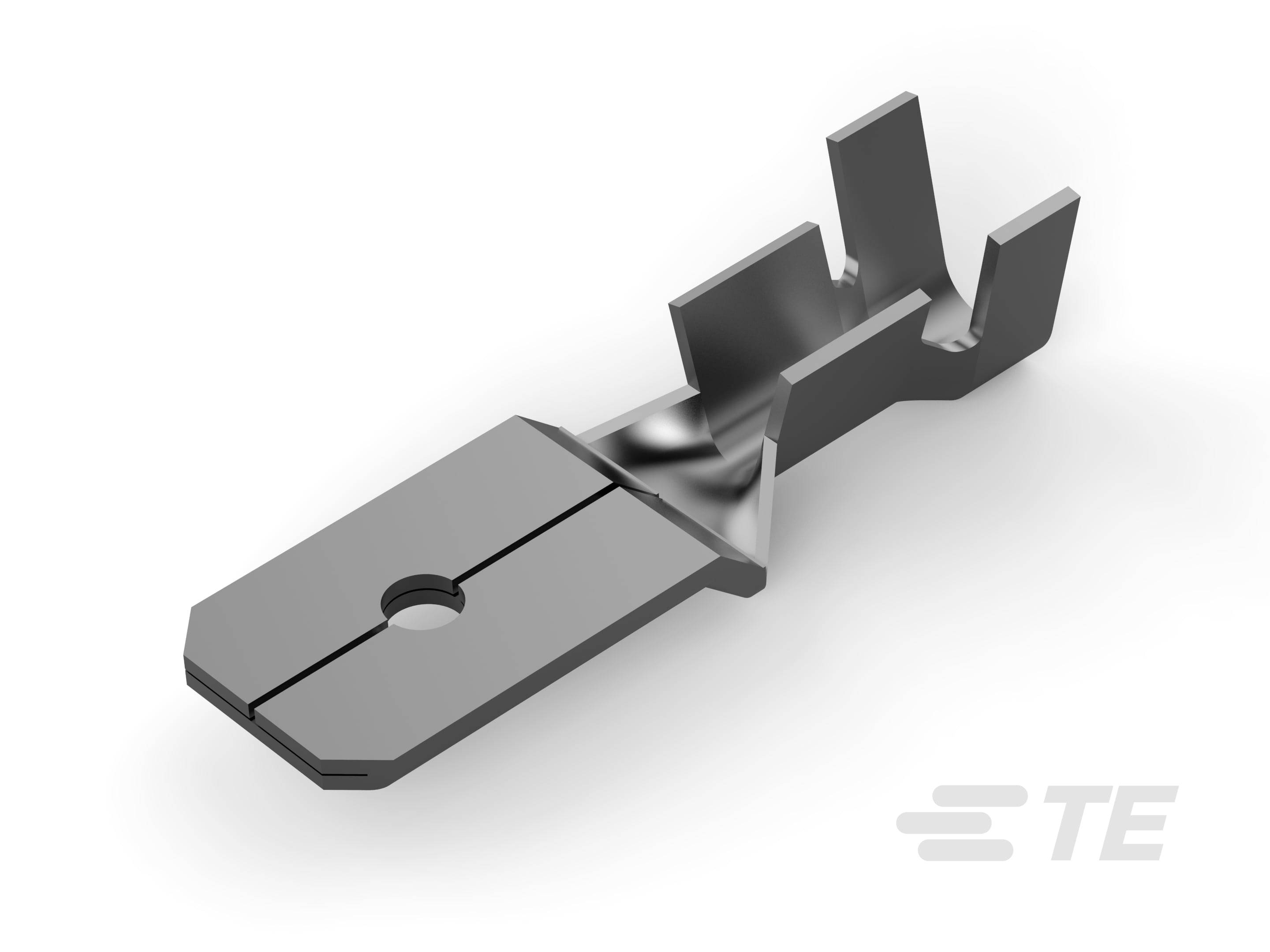Kovový plochý konektor so stredovým otvorom, vhodný pre elektrické pripojenia. Obsahuje logo 'TE'.