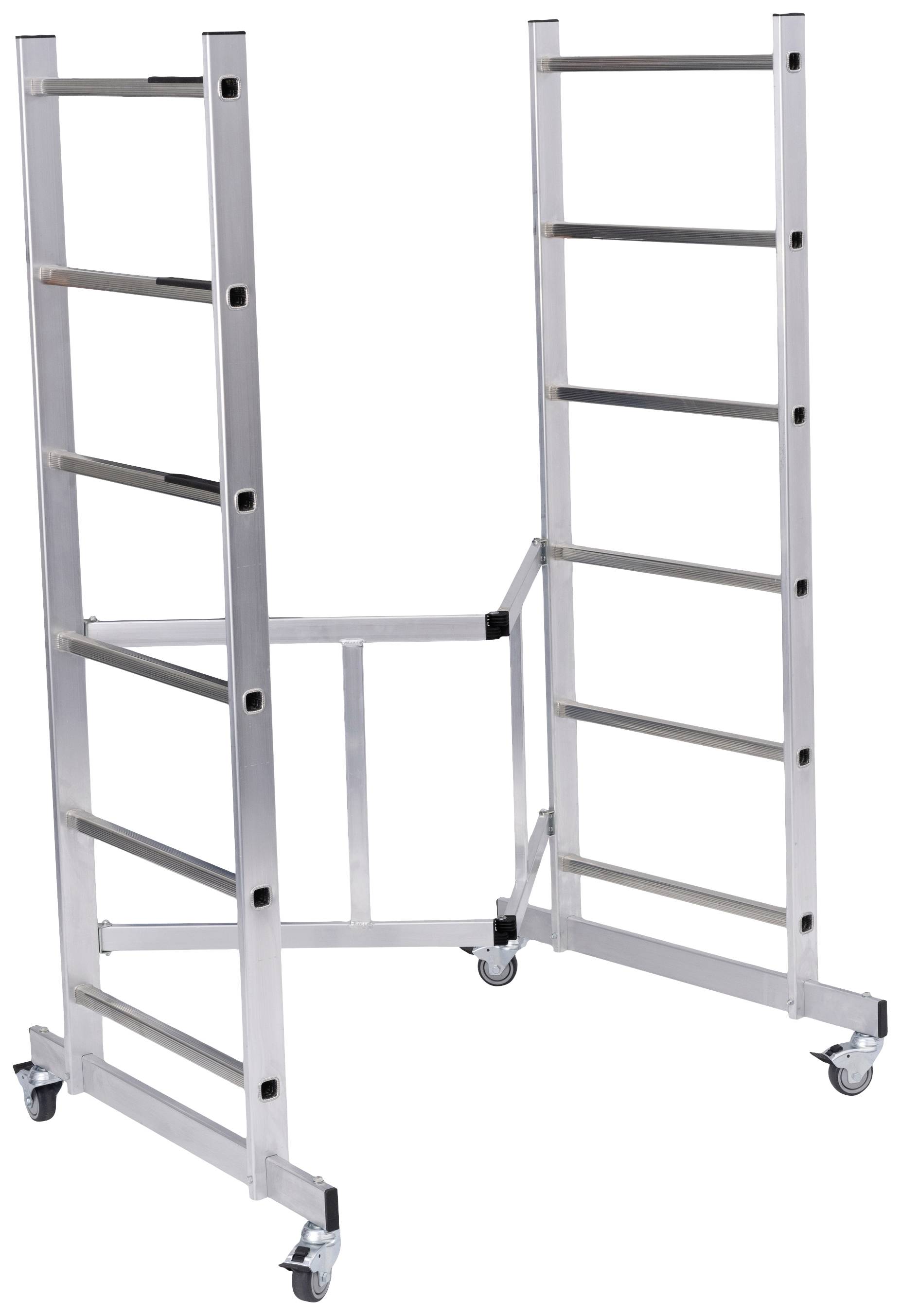 Kovový sklápateľný vozík na kolieskach s dvoma rebríkmi, ideálny pre prepravu ťažkých predmetov.