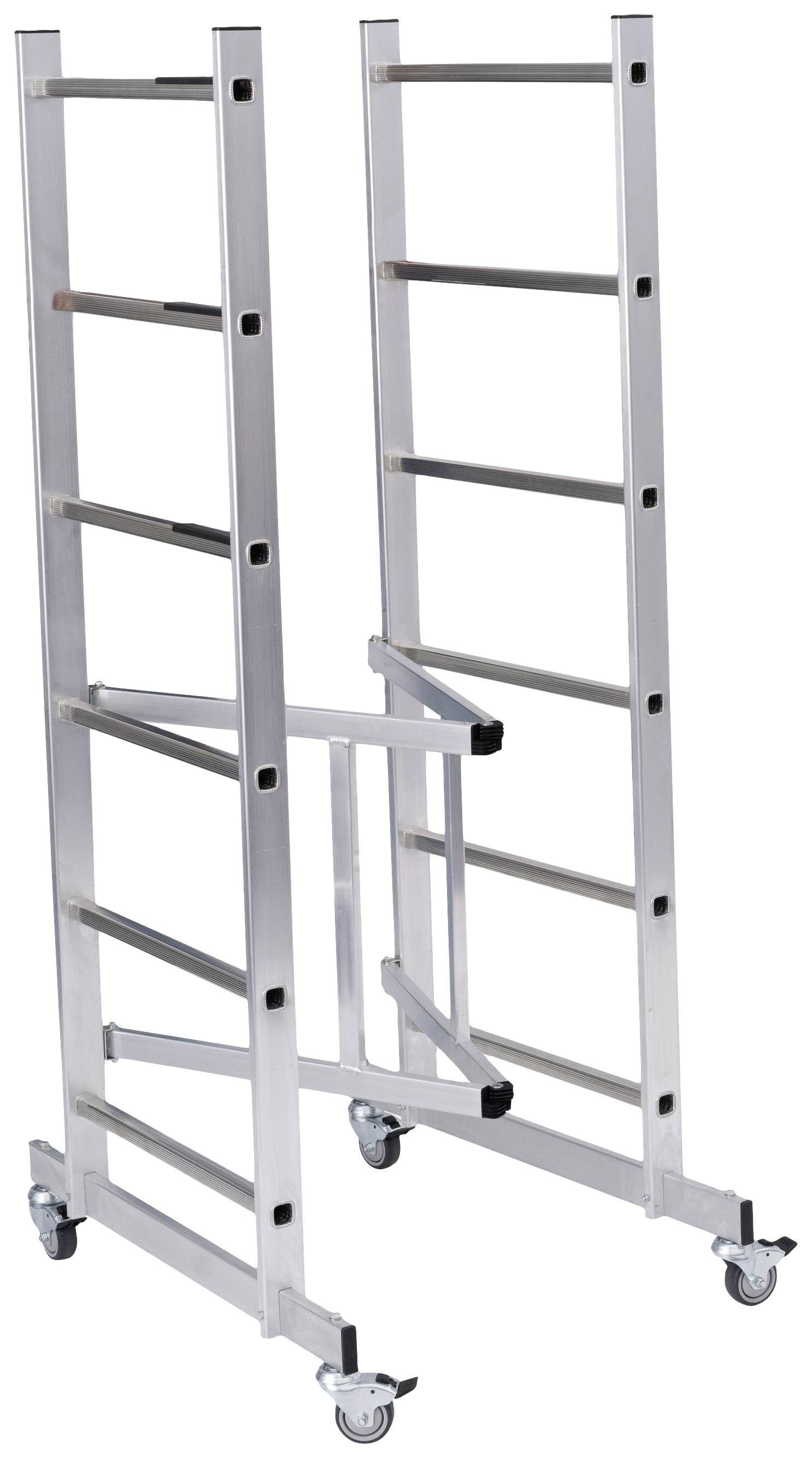 Strieborný, prenosný hliníkový rebrík so štyrmi kolieskami, ktorý umožňuje ľahký pohyb. Vhodný pre použitie v interiéri aj exteriéri.