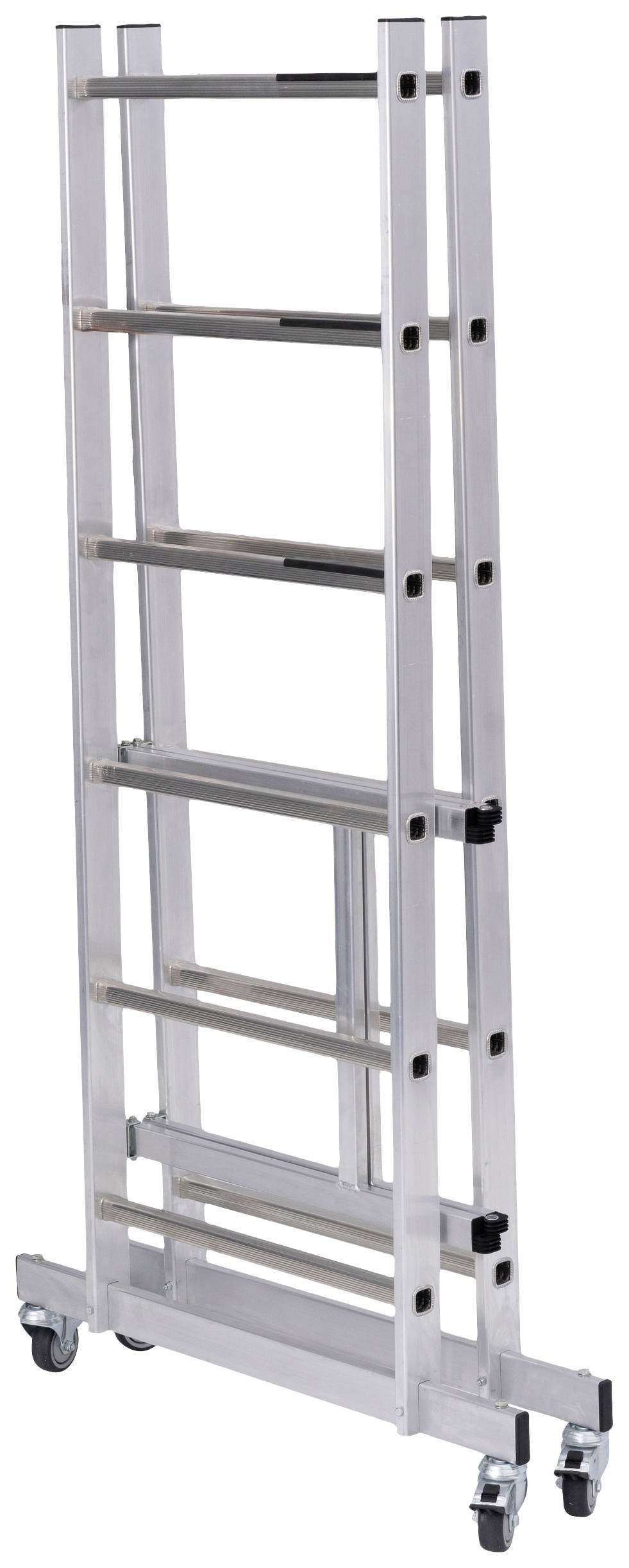 Skladacia hliníková rebrík s kolieskami dole pre ľahkú mobilitu. Ideálna pre priemyselné použitie a skladovanie.