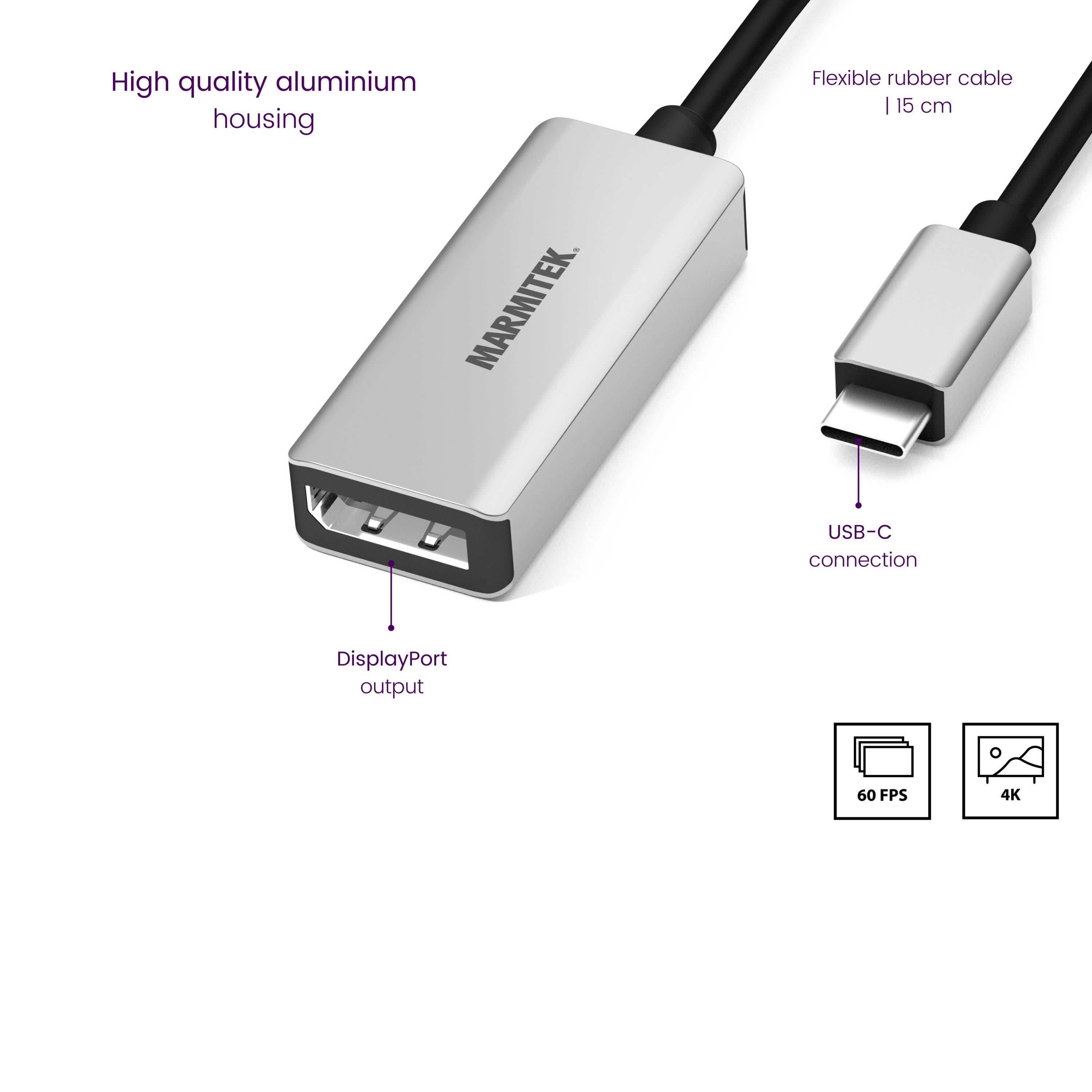 Adaptér s vysokokvalitným hliníkovým krytom, výstupom DisplayPort, vstupom USB-C a flexibilným 15 cm dlhým káblom.
