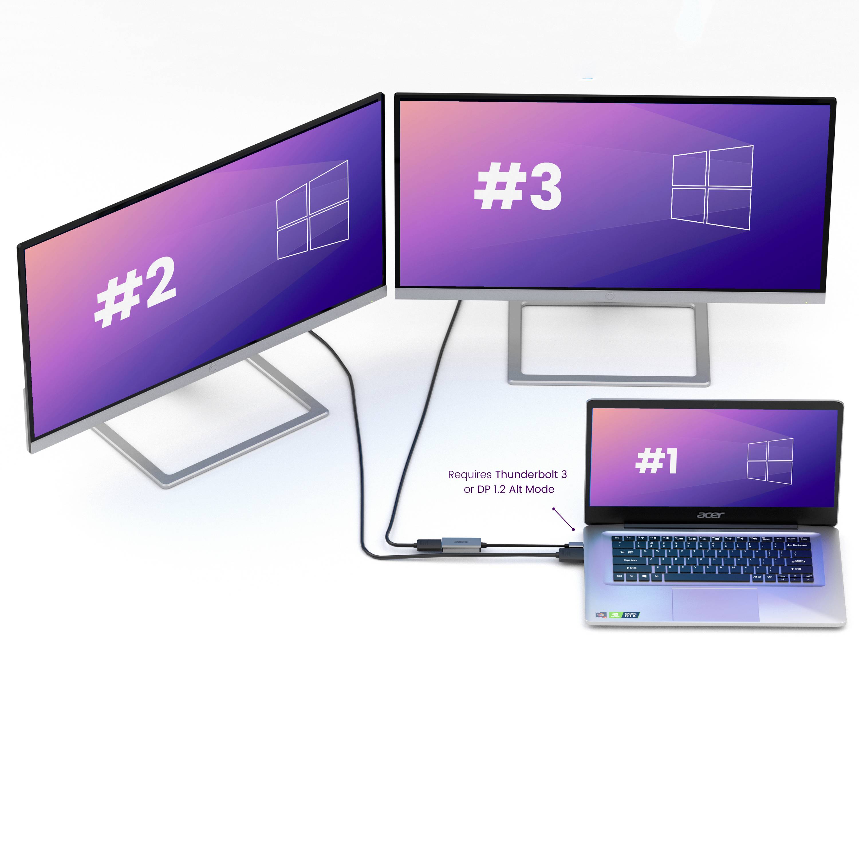 Tri obrazovky, označené #1, #2, #3, sú pripojené k laptopom cez Thunderbolt 3 alebo DP 1.2 pre rozšírené zobrazenie.
