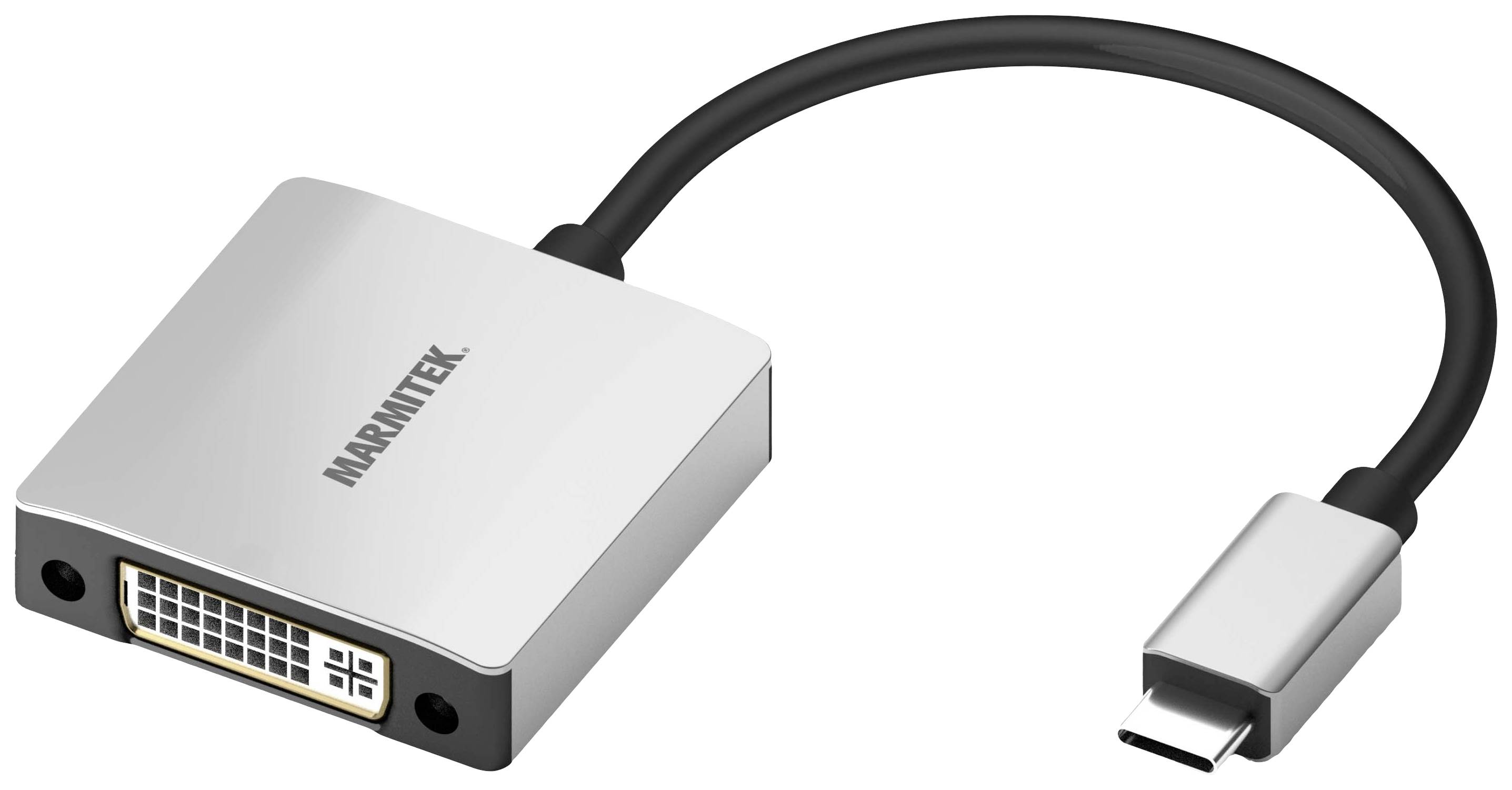 USB-C na DVI adaptér v striebornej farbe, vpravo s USB-C zástrčkou a vľavo s DVI zásuvkou, vhodný pre pripojenie obrazovky.