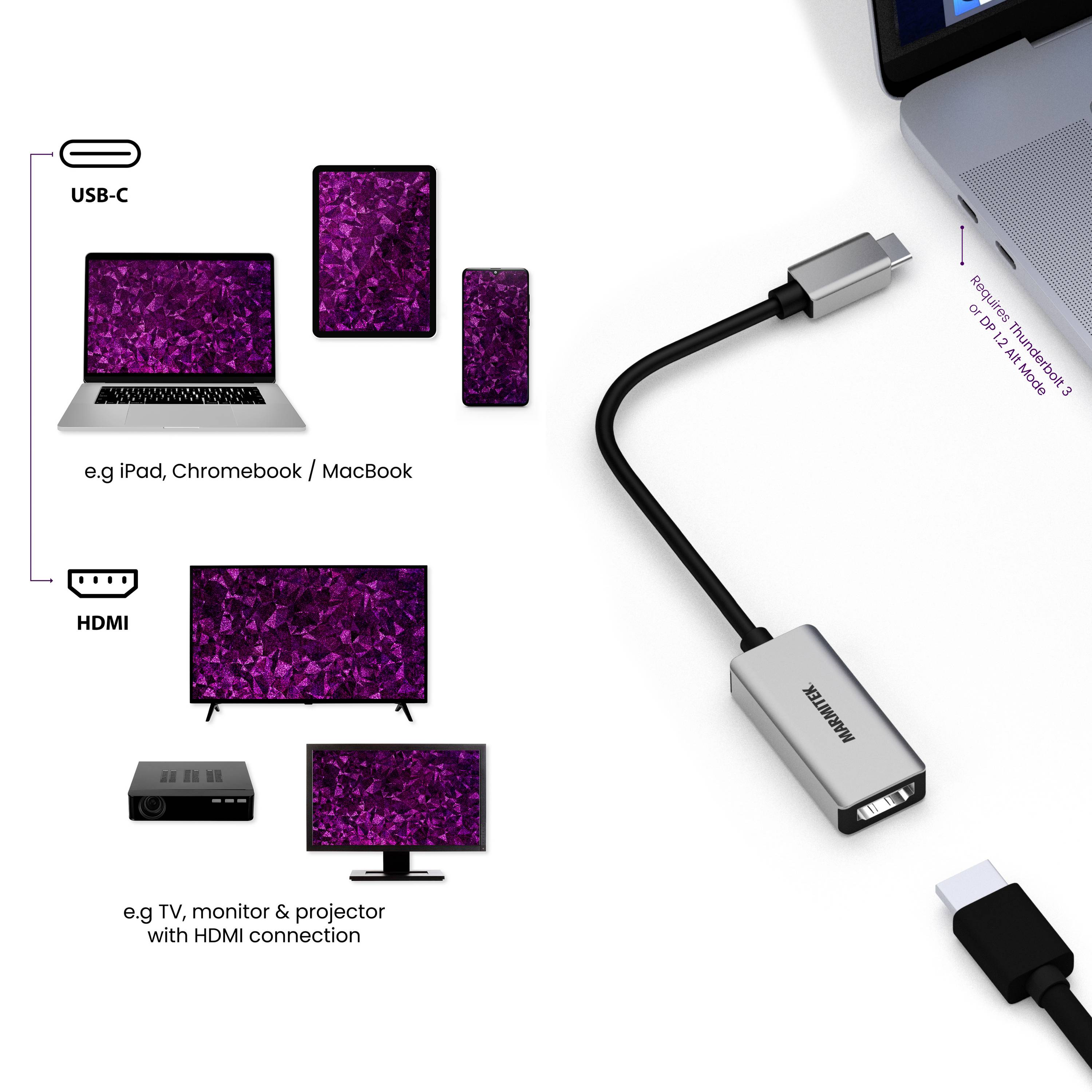 USB-C na HDMI adaptér pripojený k laptopu a televízoru. Kompatibilný s iPadom, Chromebookom, MacBookom; podporuje HDMI.