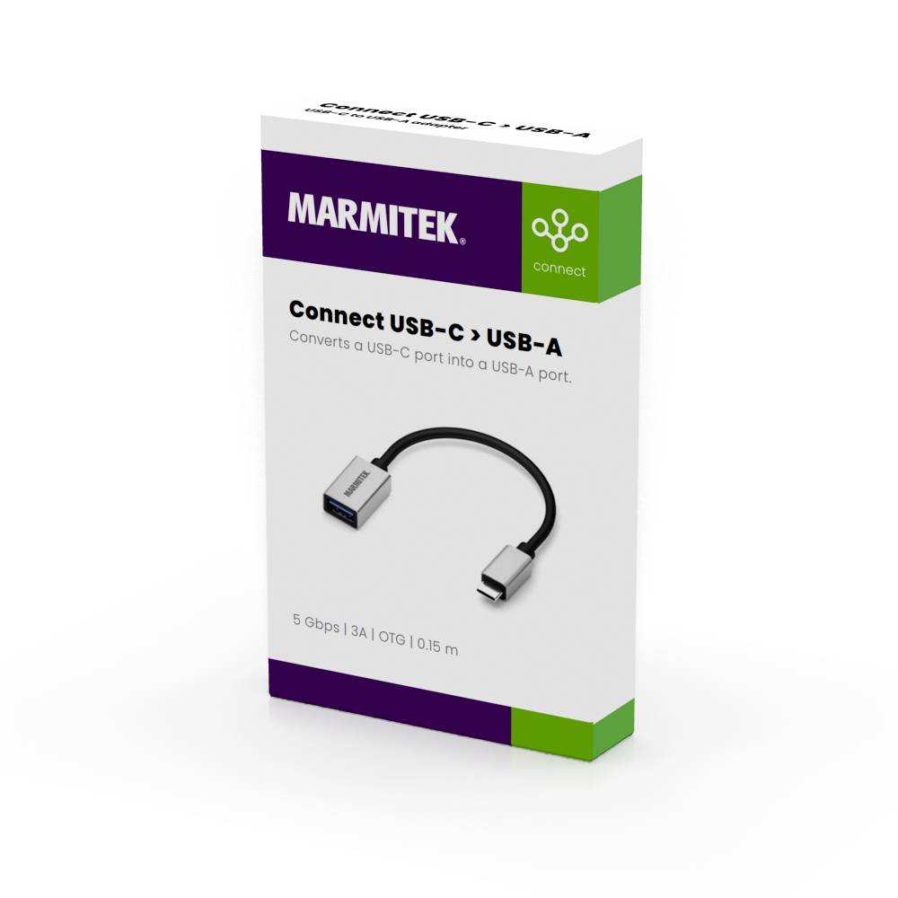 Balenie adaptéra Marmitek USB-C na USB-A, ktorý konvertuje USB-C konektor na USB-A port.