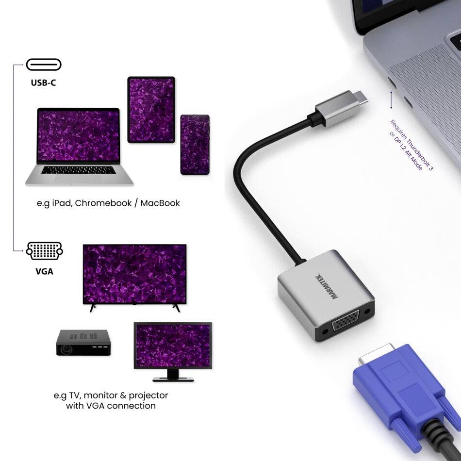 USB-C na VGA adaptér prepája zariadenia ako MacBook s VGA displejmi, ako sú monitory a projektory. Podporuje rozlíšenie 1080p.