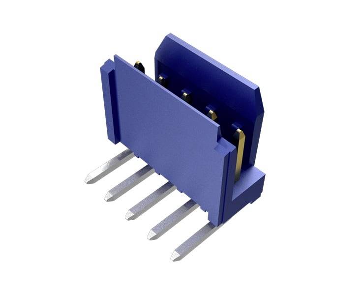 Modrá elektronická zástrčka s piatimi kovovými kolíkmi.
