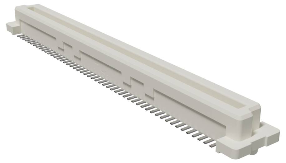 Biely, obdĺžnikový elektronický konektor s viacerými kovovými kolíkmi zaradenými pozdĺž jednej strany, používaný na montáž na dosiek plošných spojov.
