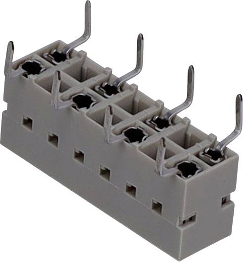 5-polový svorkovnicový PCB blok s vertikálnymi, strieborne kovovými kolíkmi a sivým plastovým krytom pre elektrické pripojenia.