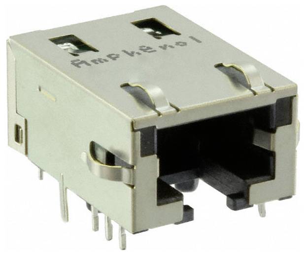 'Konektor RJ45 Ethernet portu s ôsmimi kovovými kolíkmi vnútri, používaný na pripojenia sieťových káblov. Strieborné kovové puzdro s viditeľnými zubcami.'