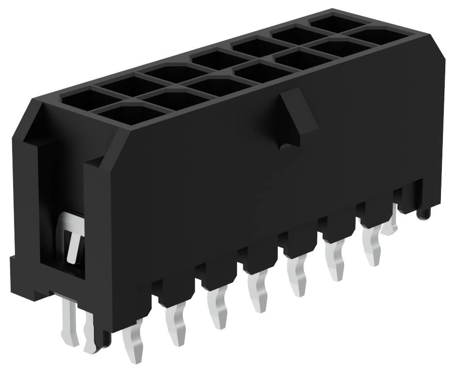 Čierny, viacpólový elektronický konektor s obdĺžnikovým puzdrom a vertikálnymi kovovými kolíkmi na montáž na plošný spoj.