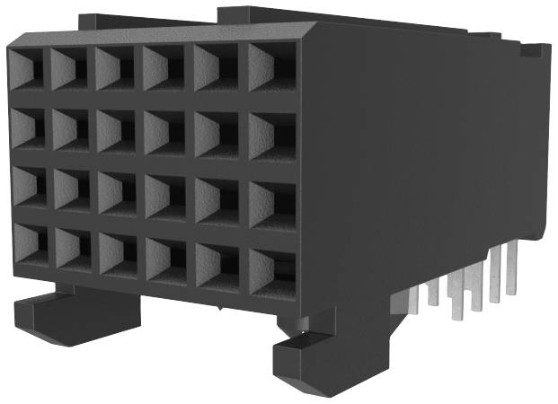 Čierny elektrický konektor s viacerými obdĺžnikovými prípojkami, vhodný pre technické alebo priemyselné aplikácie.