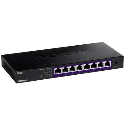 Čierny sieťový switch TRENDnet s ôsmimi ethernetovými portami, označený ako 'TEG-S80G', zobrazuje konektory a LED indikátory spredu.